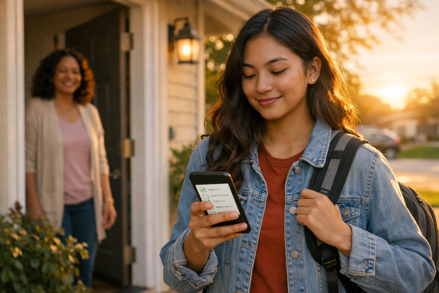 Hopeful morning routine moment: teen/young adult calmly leaving home with a simple checklist on their phone, supported by family in the background.