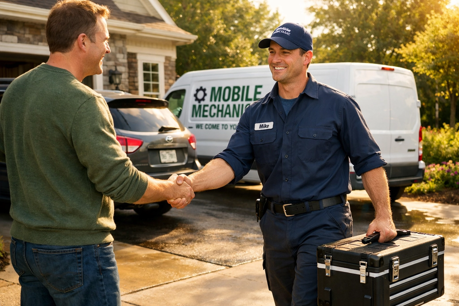 Mobile mechanic arriving at a Green Bay home to provide convenient on-site auto repair in the driveway.