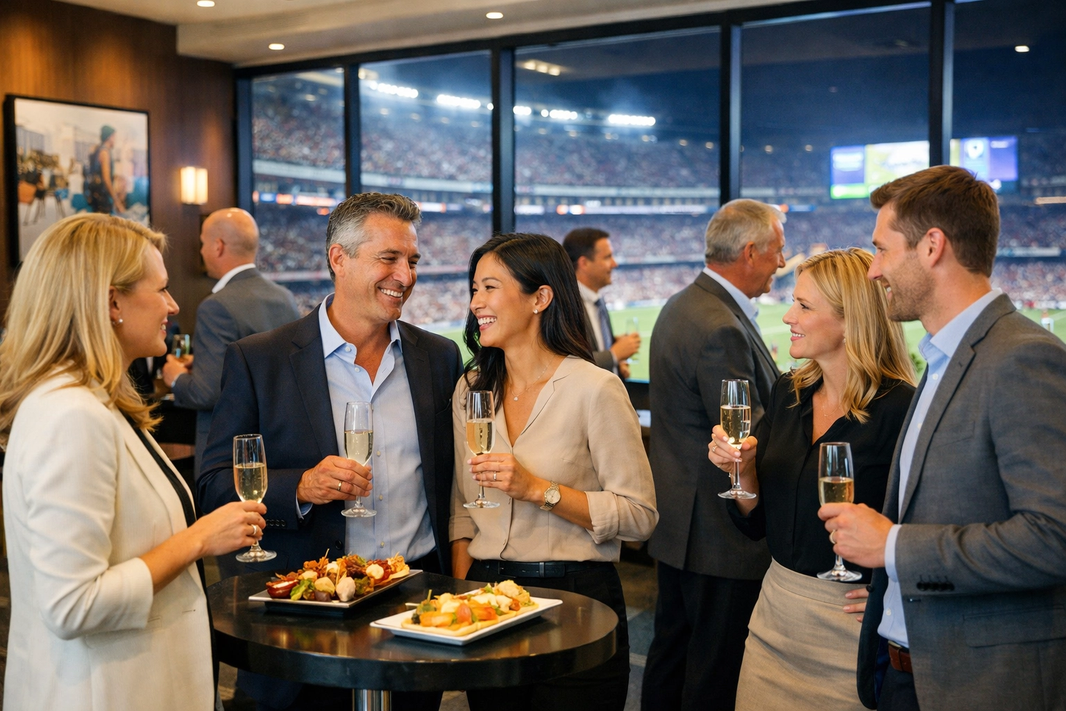 Executives networking at Super Bowl halftime event in exclusive club level lounge