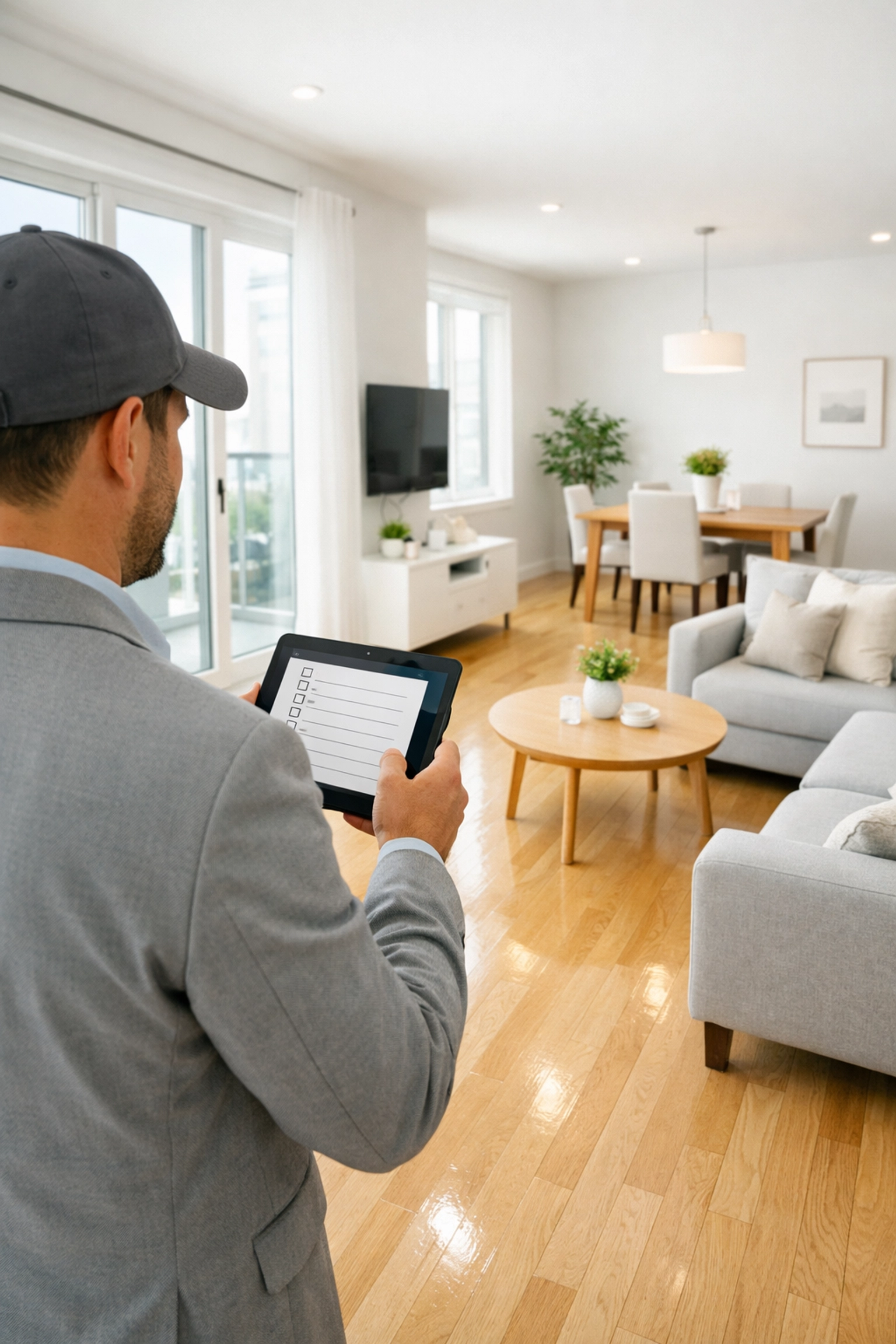 Property manager conducting final inspection of make ready apartment with digital tablet