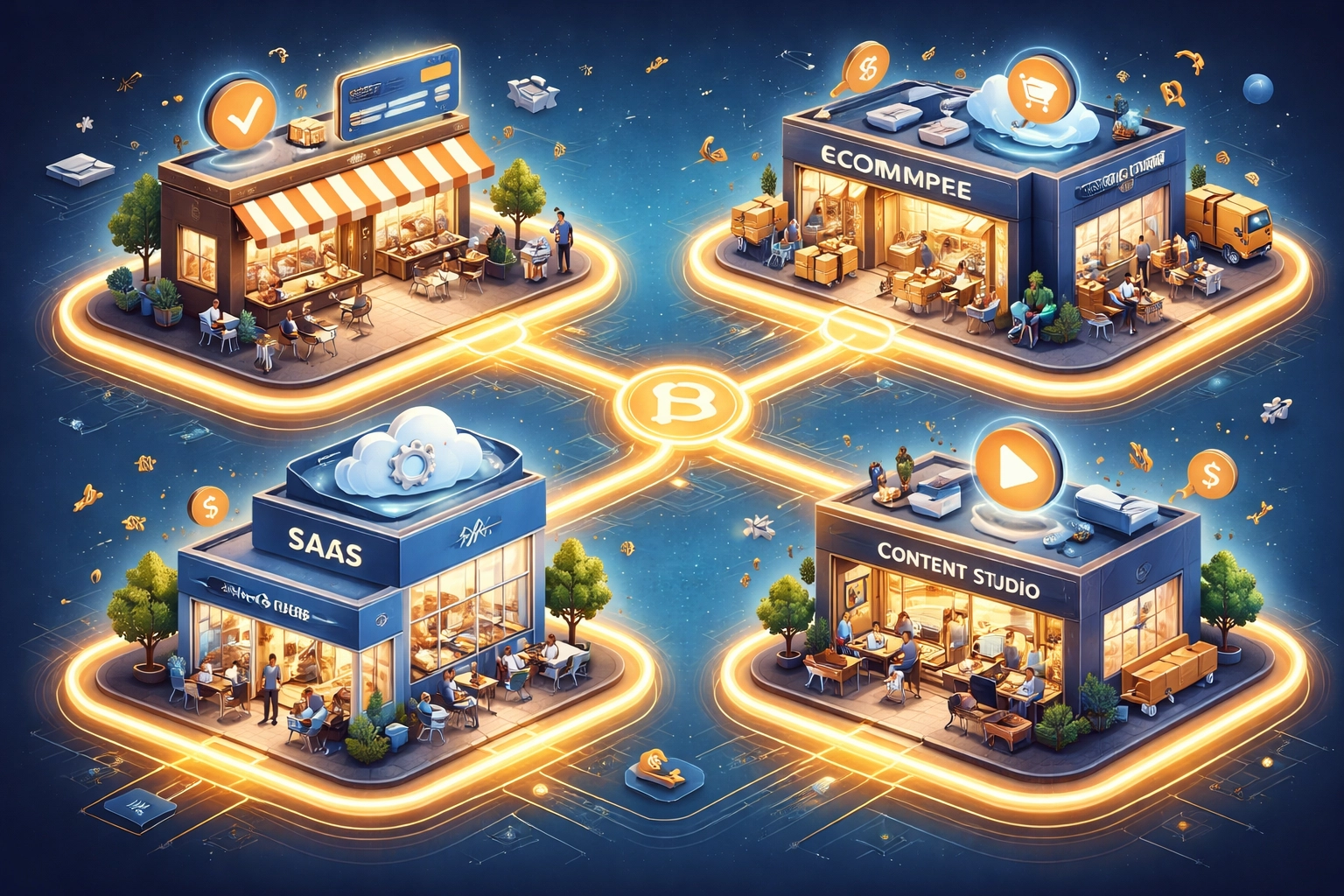 Various business storefronts connected by glowing payment networks, illustrating global web3 payment solutions for merchants