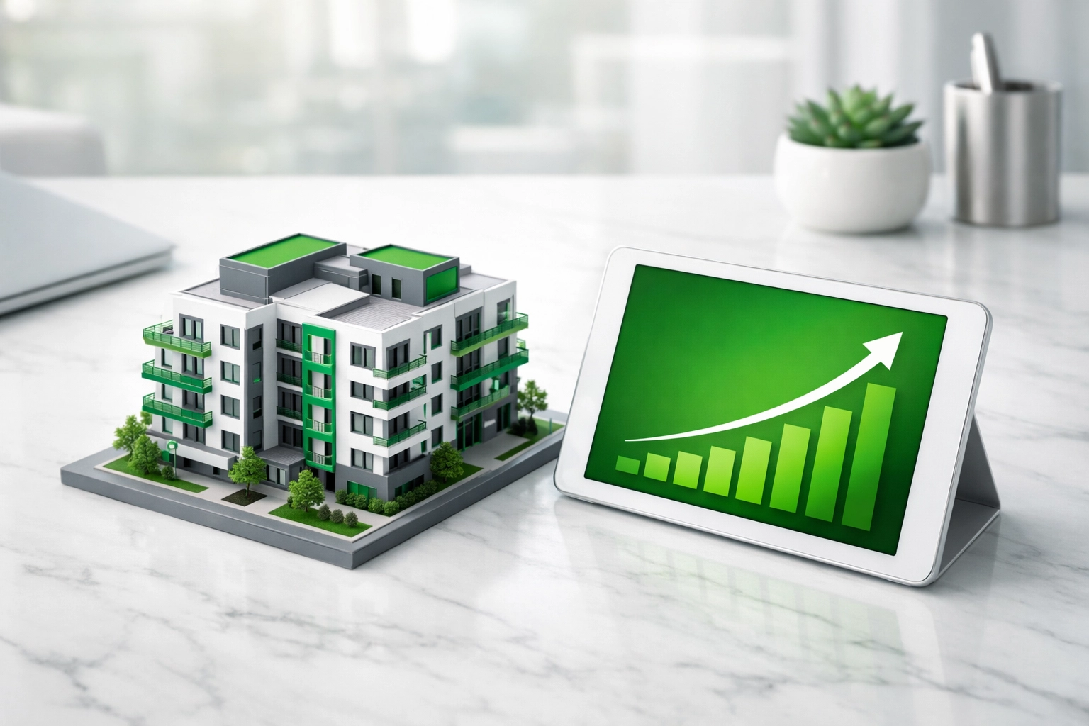 Modern multi-family property model and growth chart showing successful DSCR loan investment scaling.