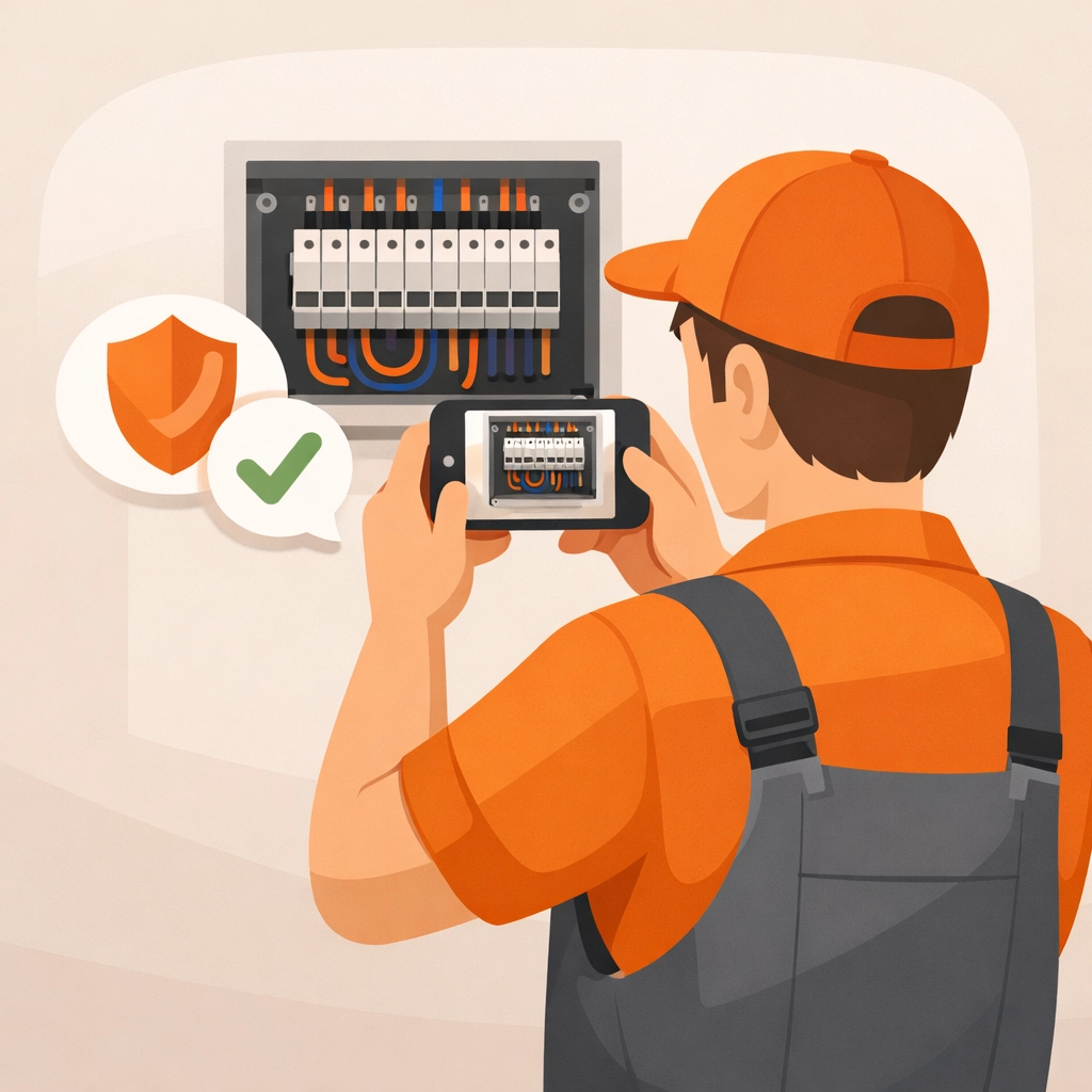 Service technician documenting an electrical panel using a contractor photo app for proof of work.