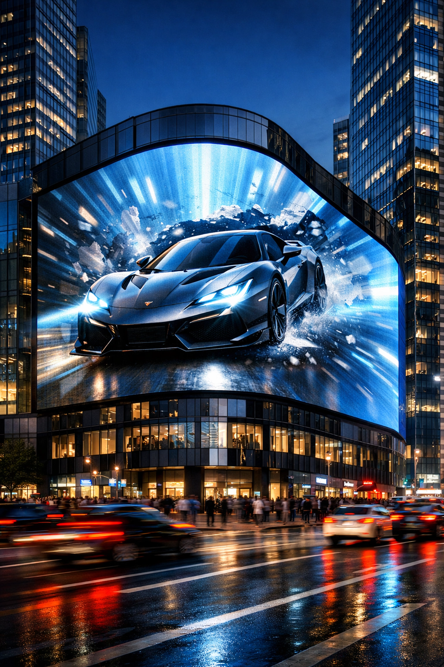 Immersive 3D signage on a city building showcasing digital media innovation for global brand partnerships.