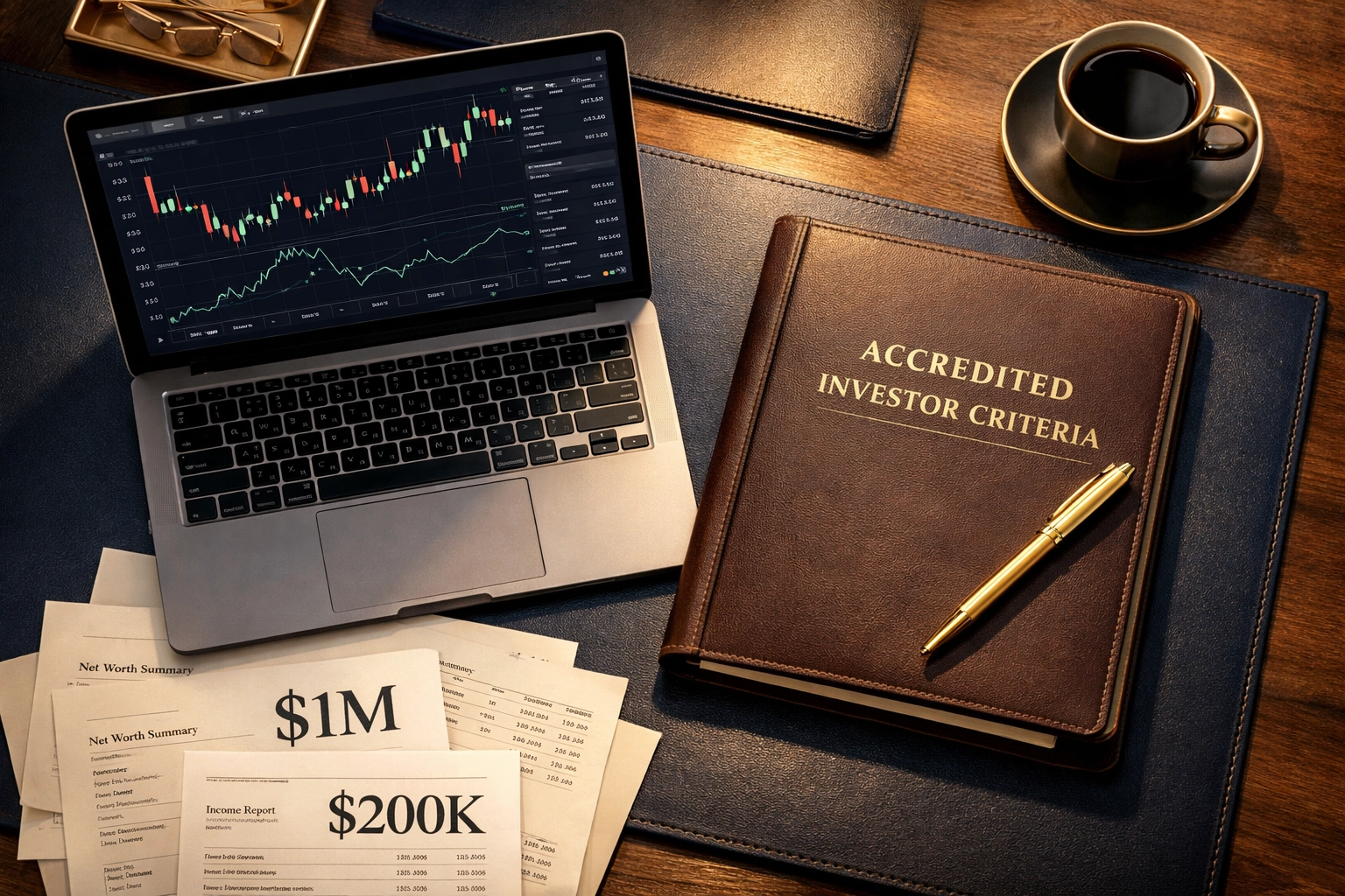 Accredited investor qualification documents showing $1M net worth and $200K income requirements