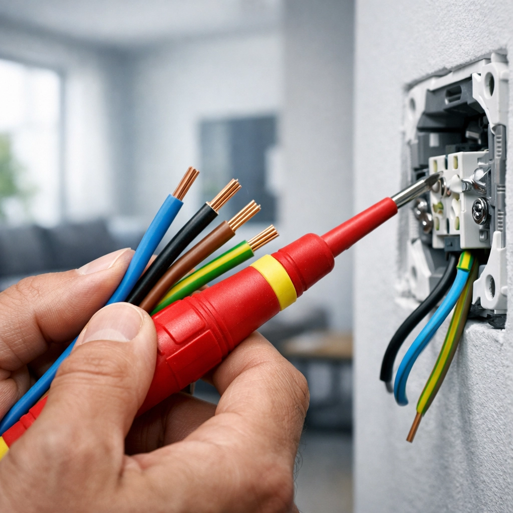 A licensed electrician in Dorset wiring a residential electrical system for safety compliance.