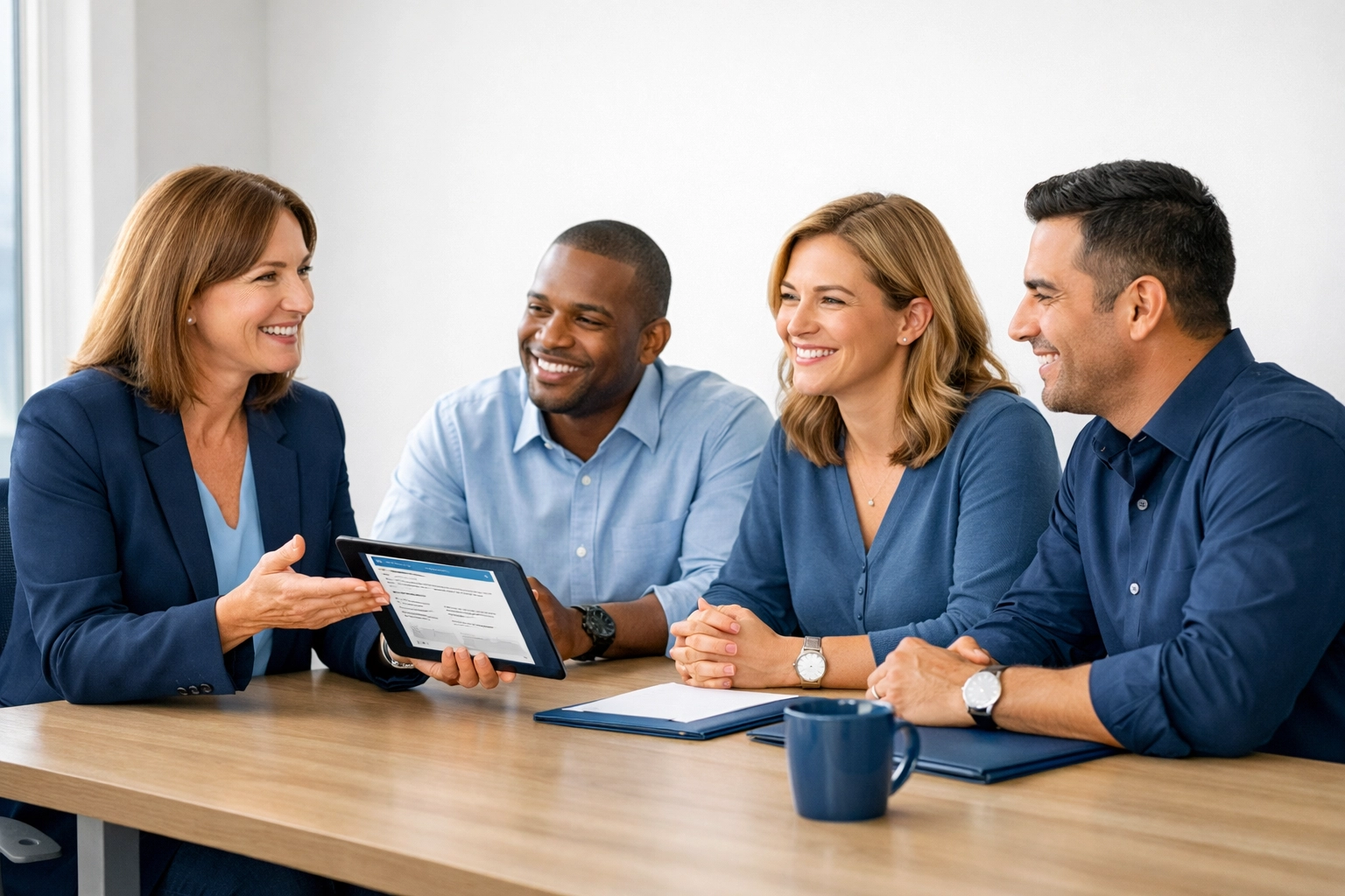 Benefits counselor providing one-on-one employee guidance during benefits enrollment meeting