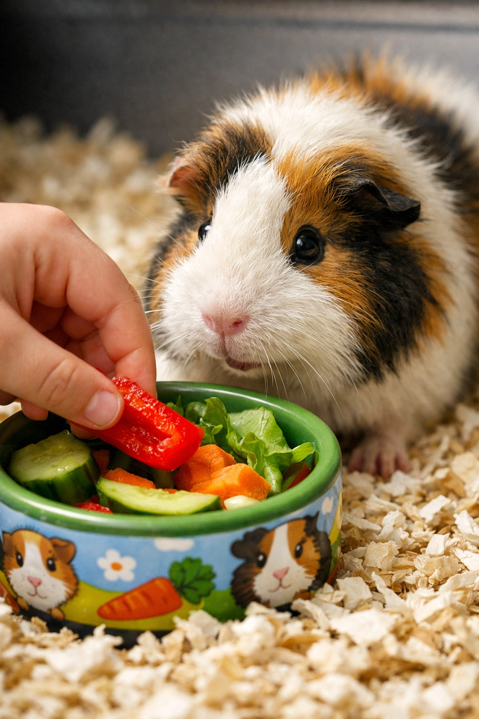 Close-up of a child feeding a healthy vegetable snack to a fluffy pet guinea pig.