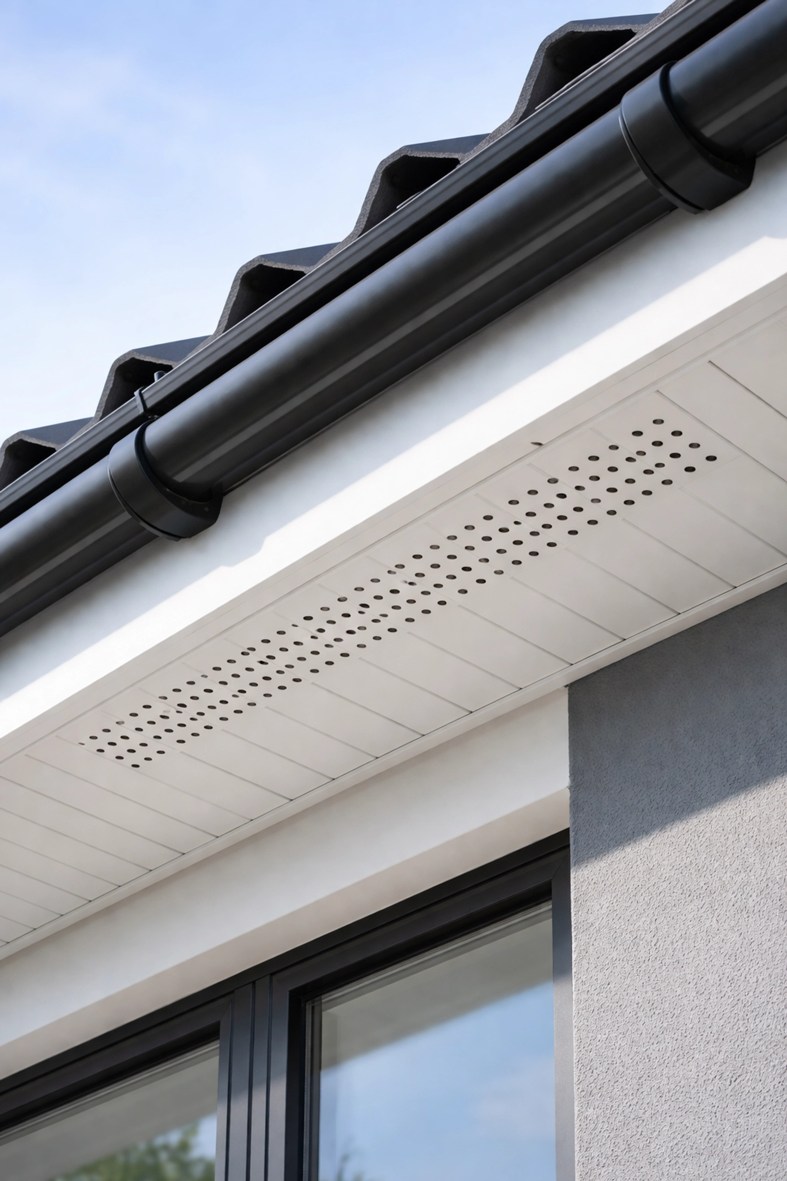 Close-up of soffit vent system under roof eaves on a Belfast house, demonstrating efficient roof air intake