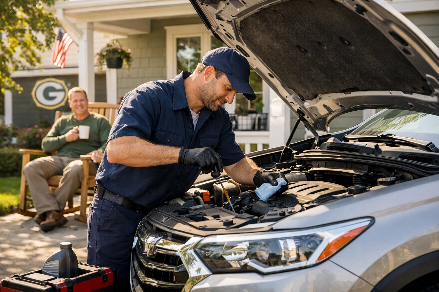 Professional mobile mechanic performing car maintenance in a Green Bay driveway while homeowner relaxes.