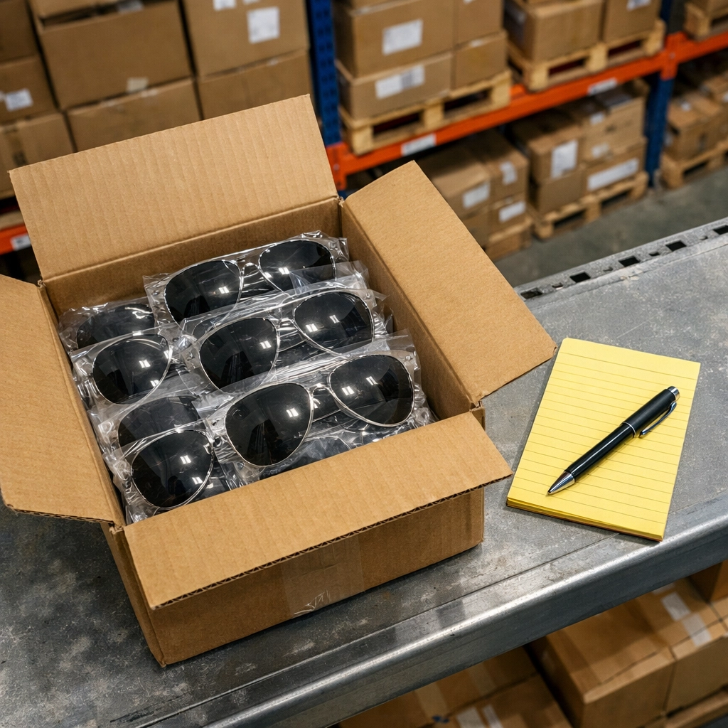 Wholesale aviator sunglasses in a shipping box on a warehouse shelf for Amazon FBA inventory.