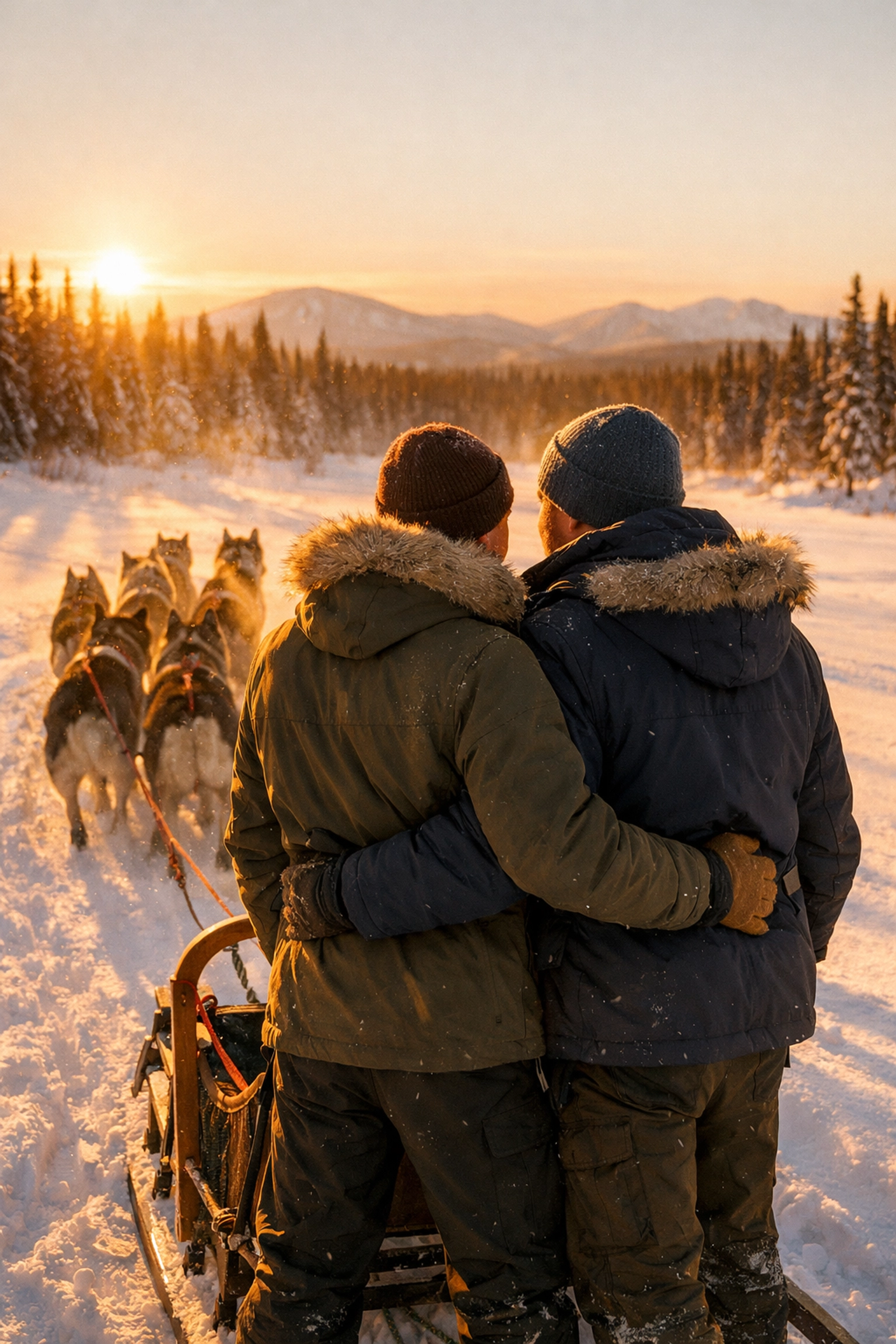 Two gay men dog sledding together through snowy Yukon wilderness at sunset