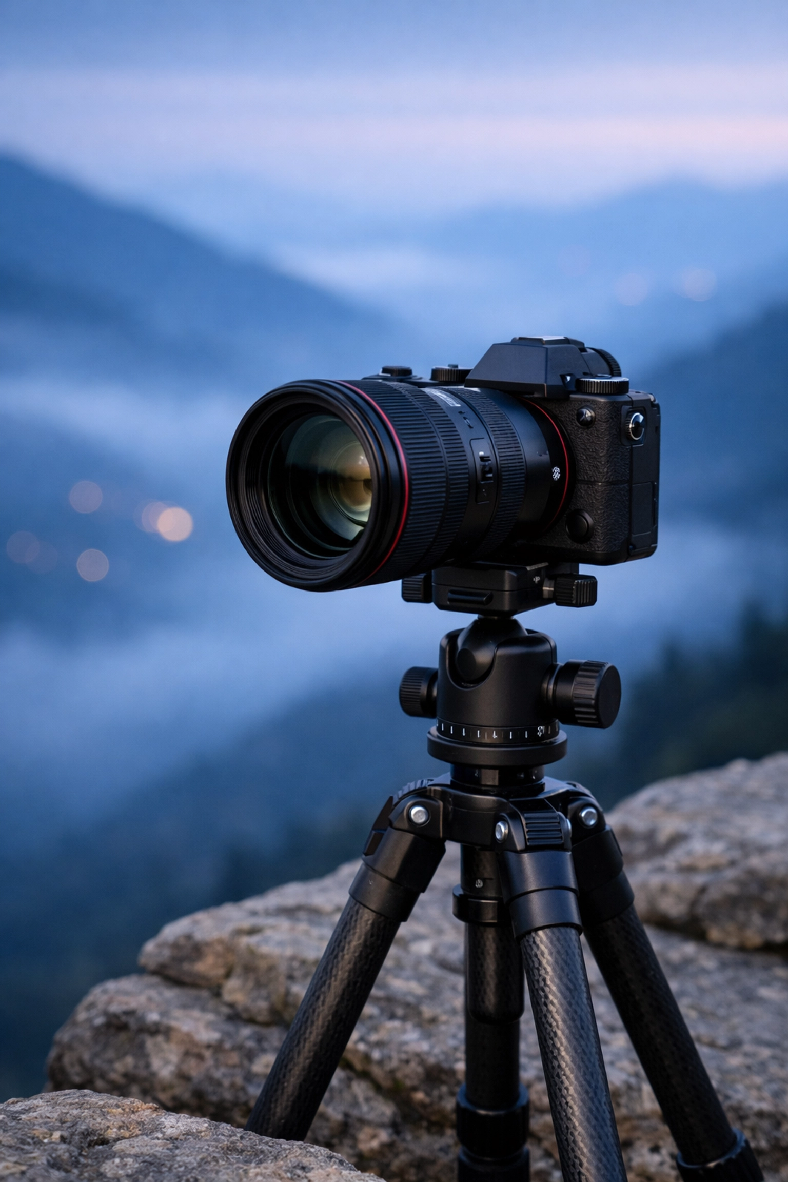 Professional camera gear on a tripod at a scenic mountain photo spot overlooking a misty valley.