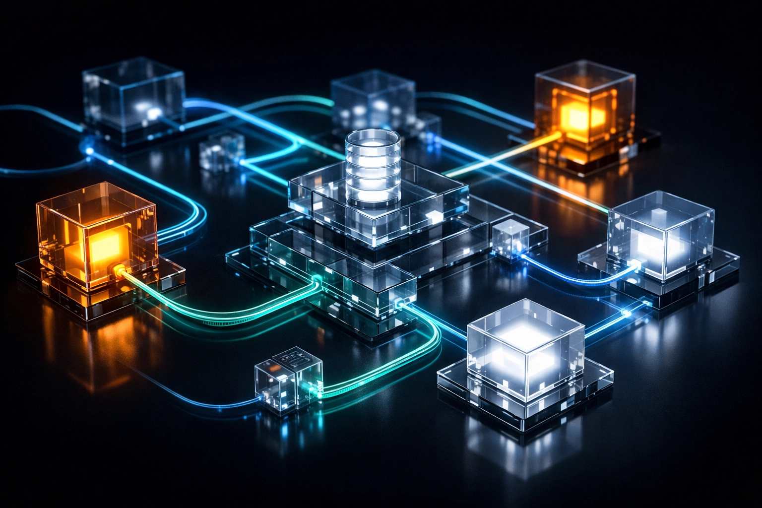 Digital logic engine illustrating a streamlined business process automation workflow with interconnected data modules.