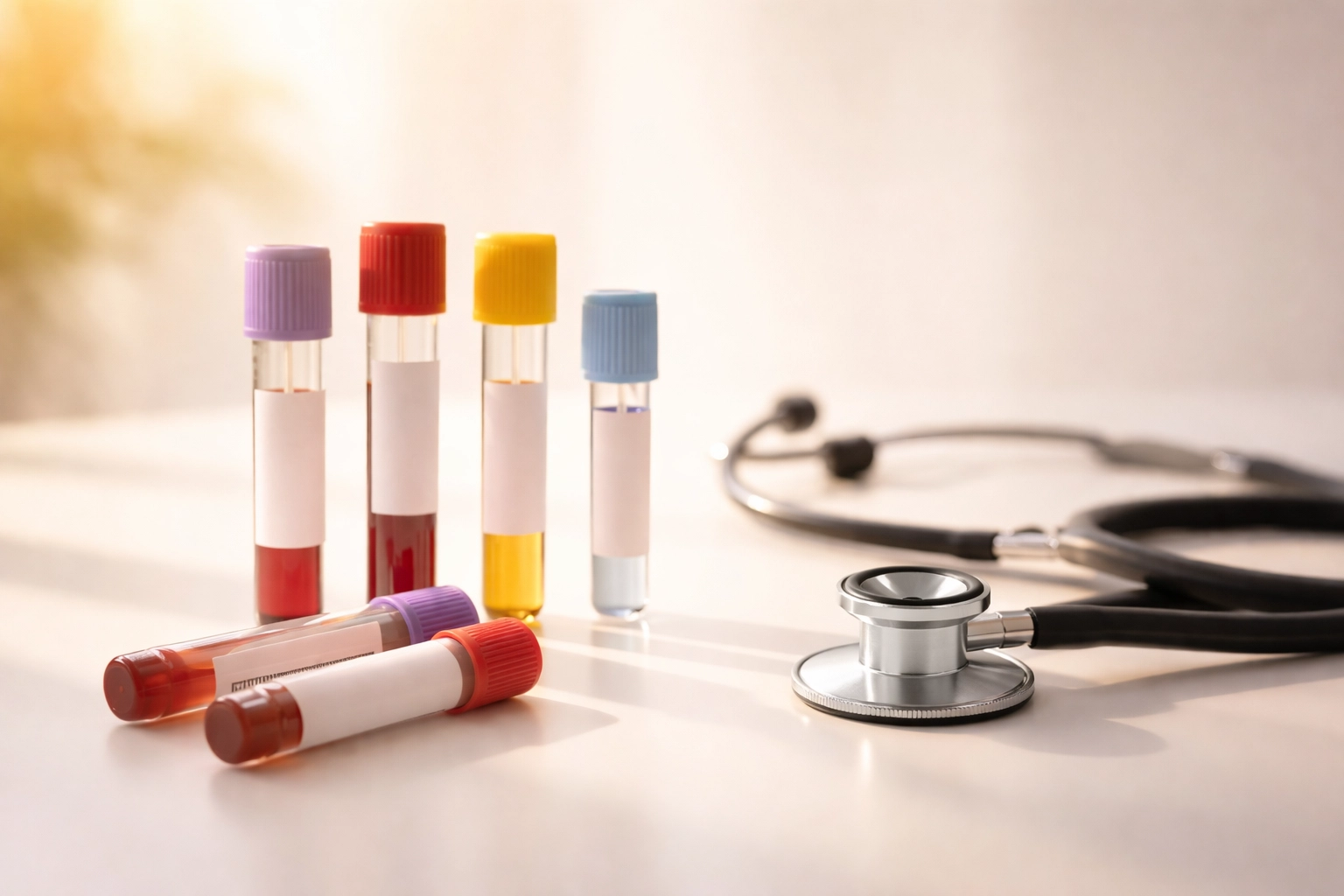 Close-up of diagnostic lab vials and stethoscope highlighting lab testing in preventive health care.