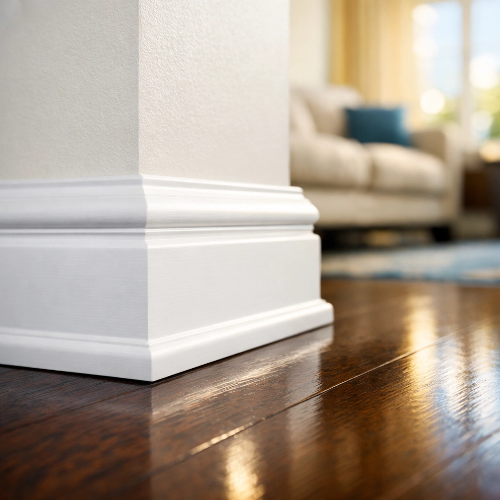 Clean white baseboards and hardwood floors after professional house cleaning Cambridge MA in a luxury apartment.