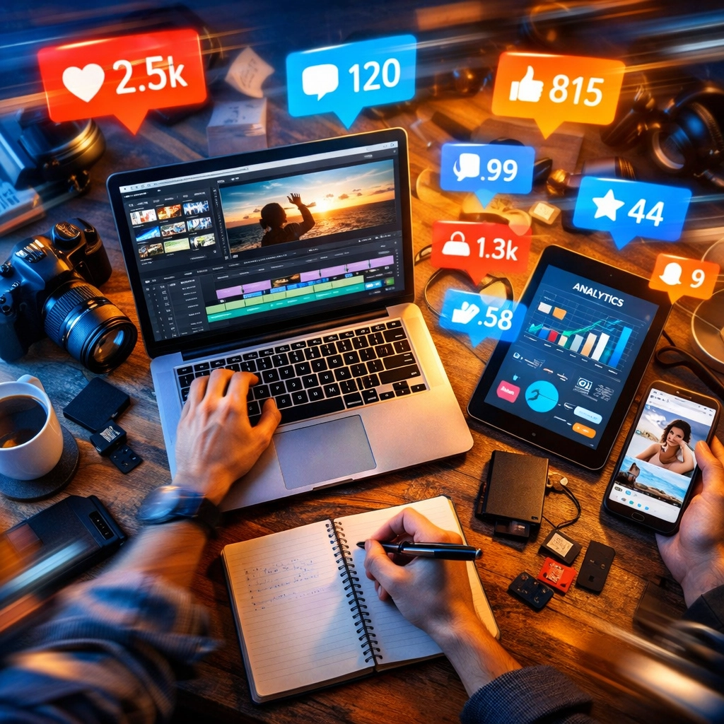 Content creation workspace with multiple devices producing social media content for athletes