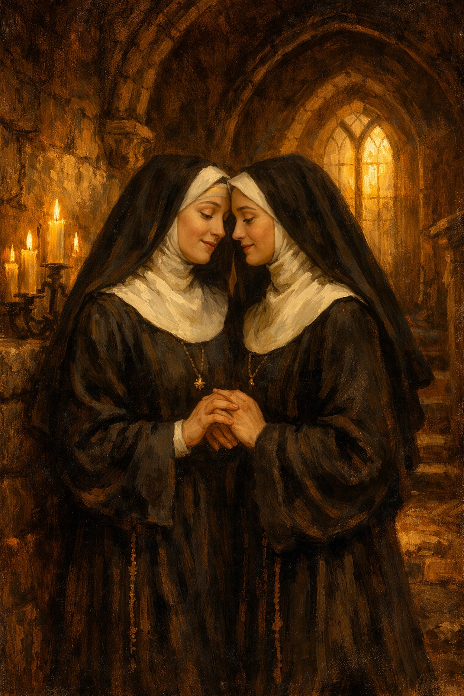 Victorian nuns share intimate moment in convent corridor, illustrating romantic friendships in religious life
