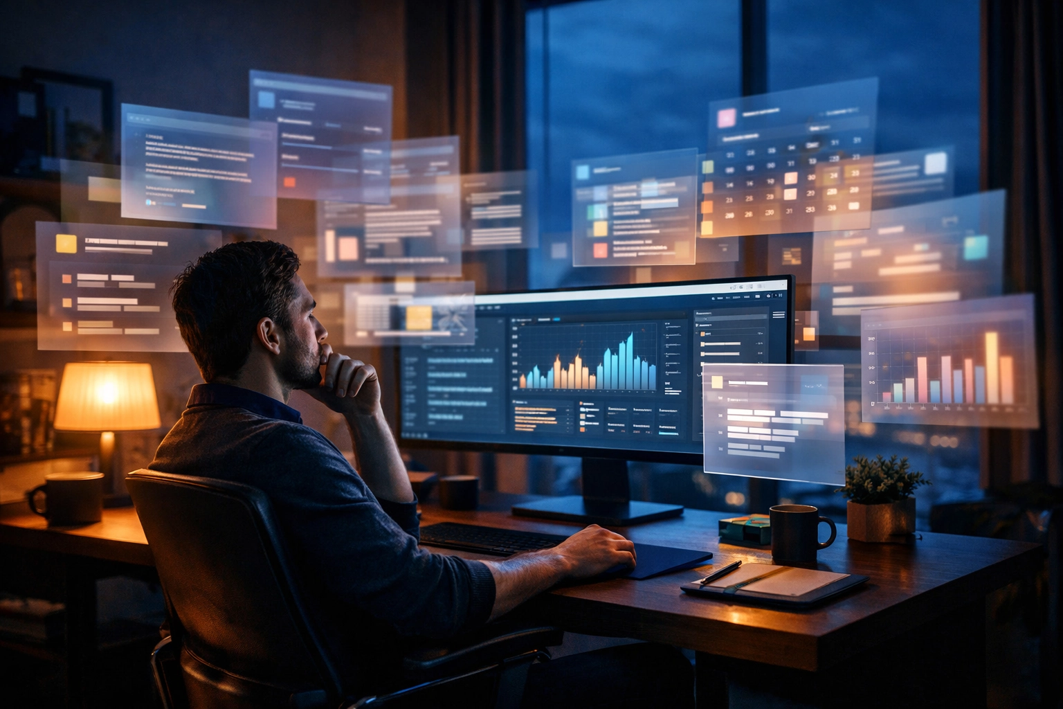 A business owner at a desk using Marblism to overcome a digital logjam and content bottleneck.
