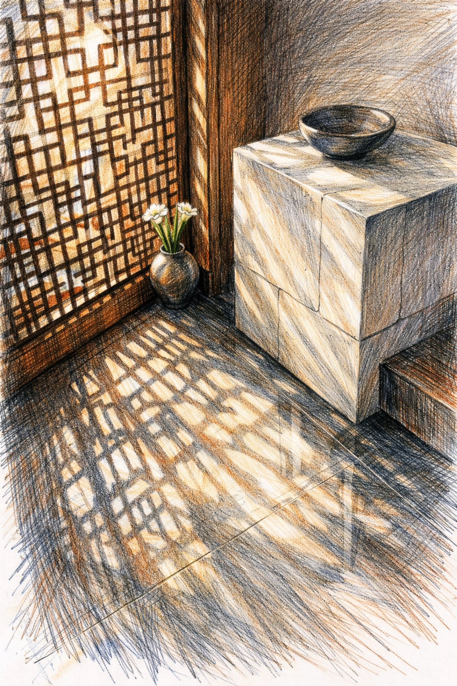 Modern luxury hospitality design featuring a fusion of Asian wooden lattice and minimalist stone.