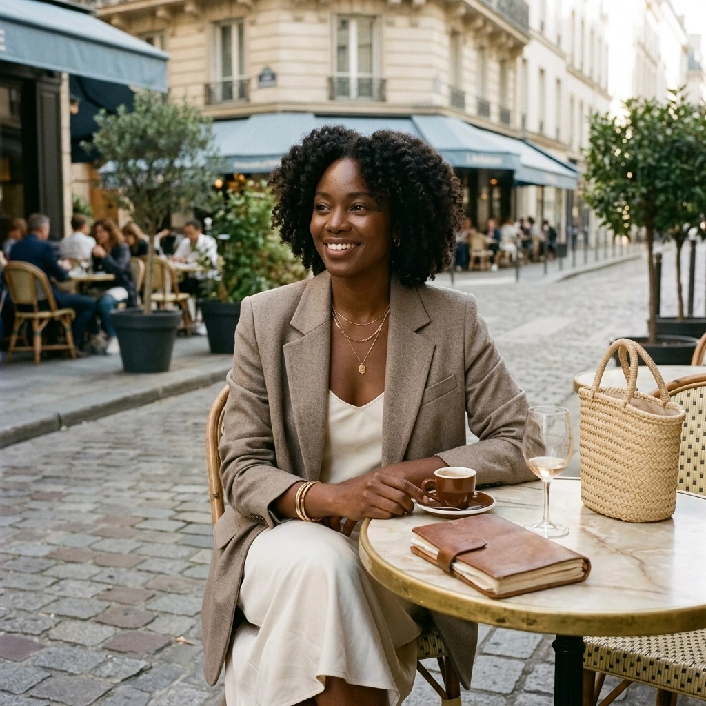 Woman in a neutral blazer and silk dress at a sidewalk cafe