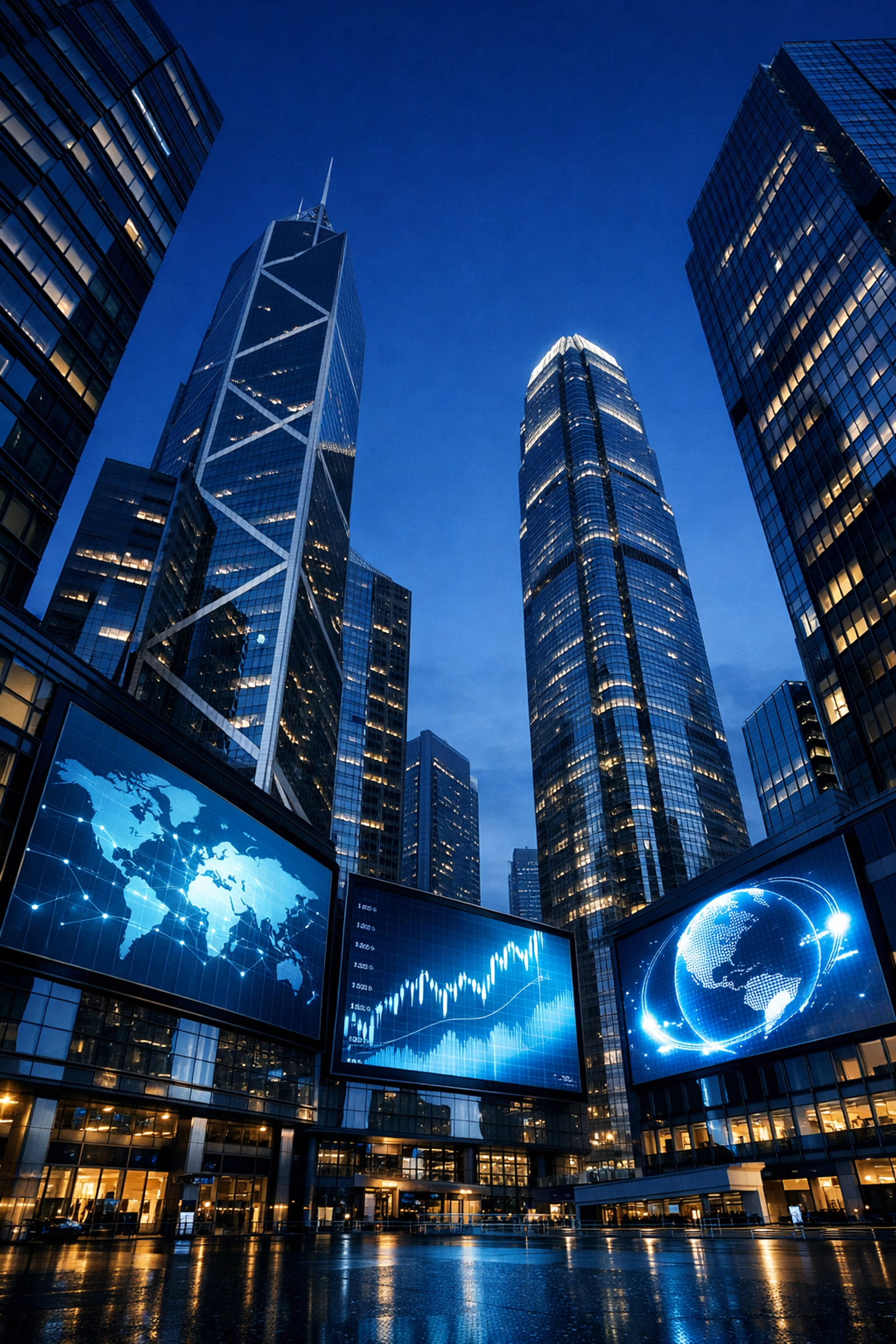 Digital billboards integrated into city skyscrapers at twilight representing a global DOOH advertising network.