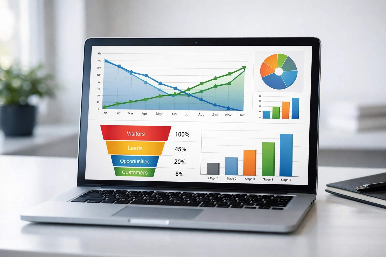 Laptop displaying GA4 conversion funnel charts and performance metrics on desk