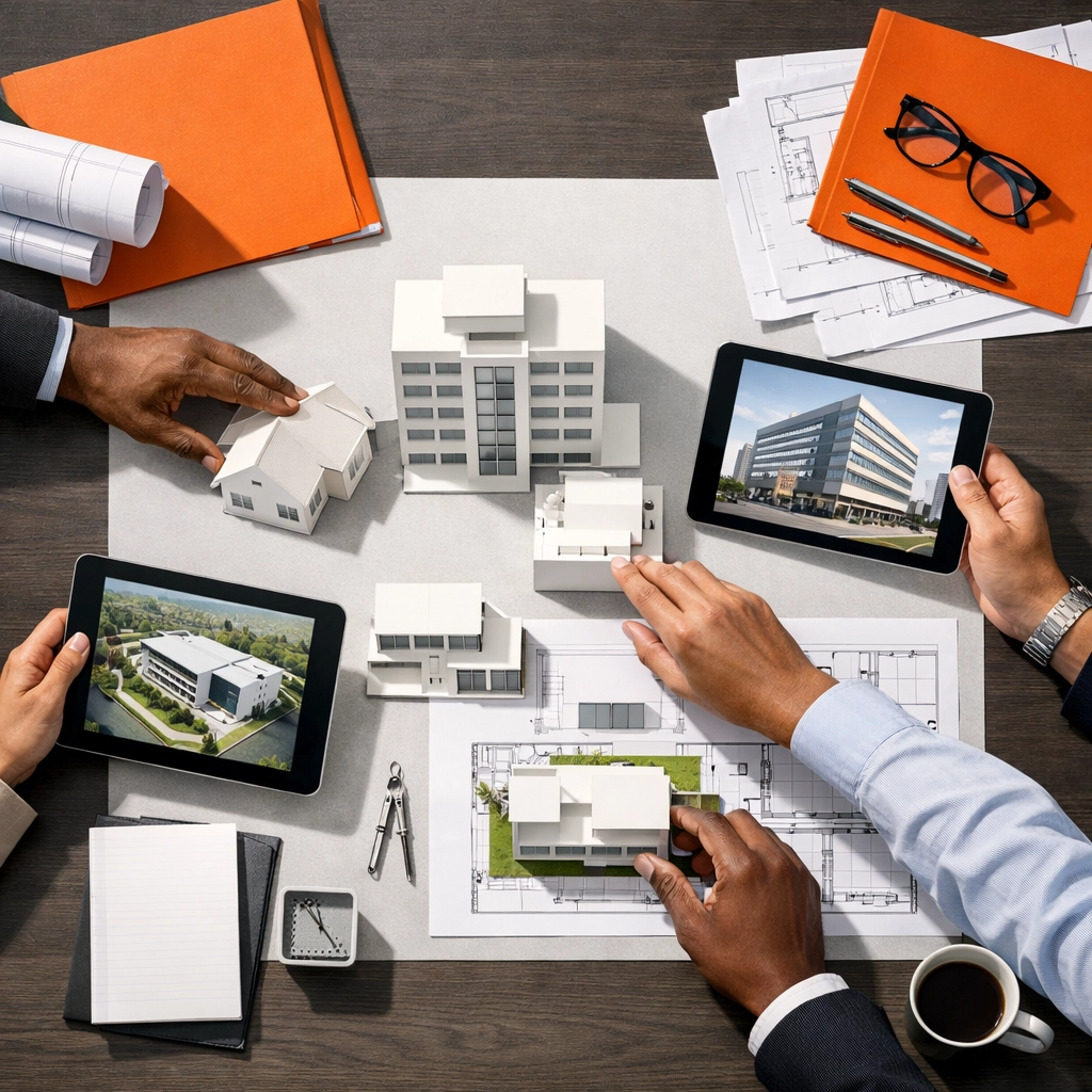 Bay Area real estate investors reviewing blueprints and architectural plans for office development