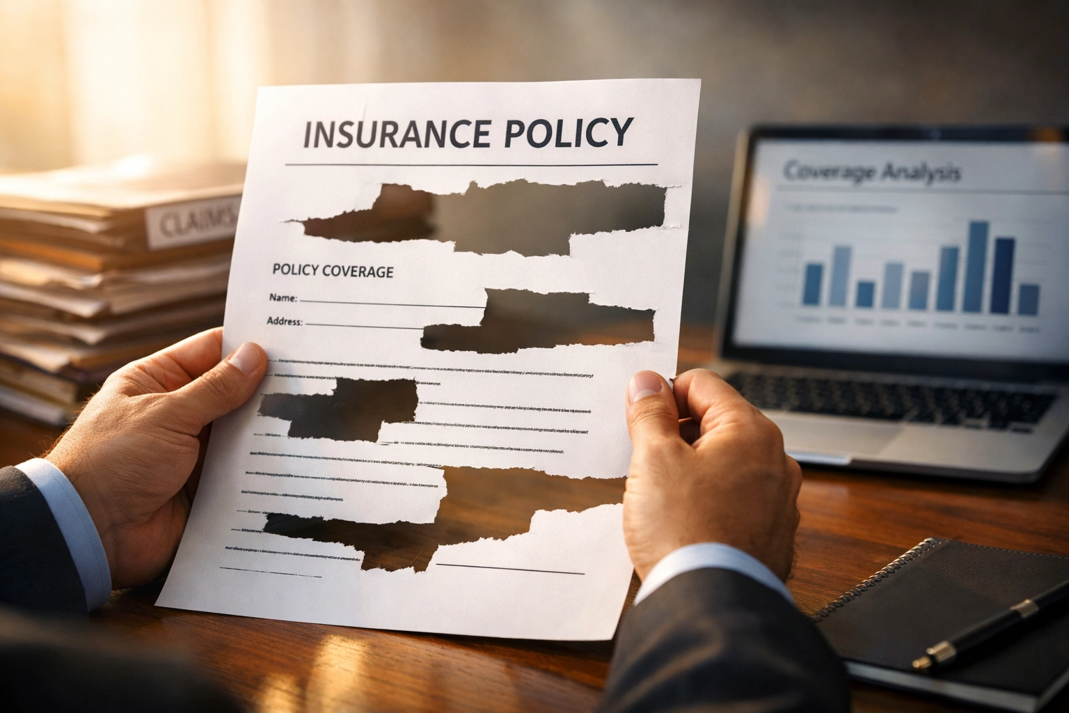 Business professional reviewing incomplete insurance policy documents during M&A due diligence process
