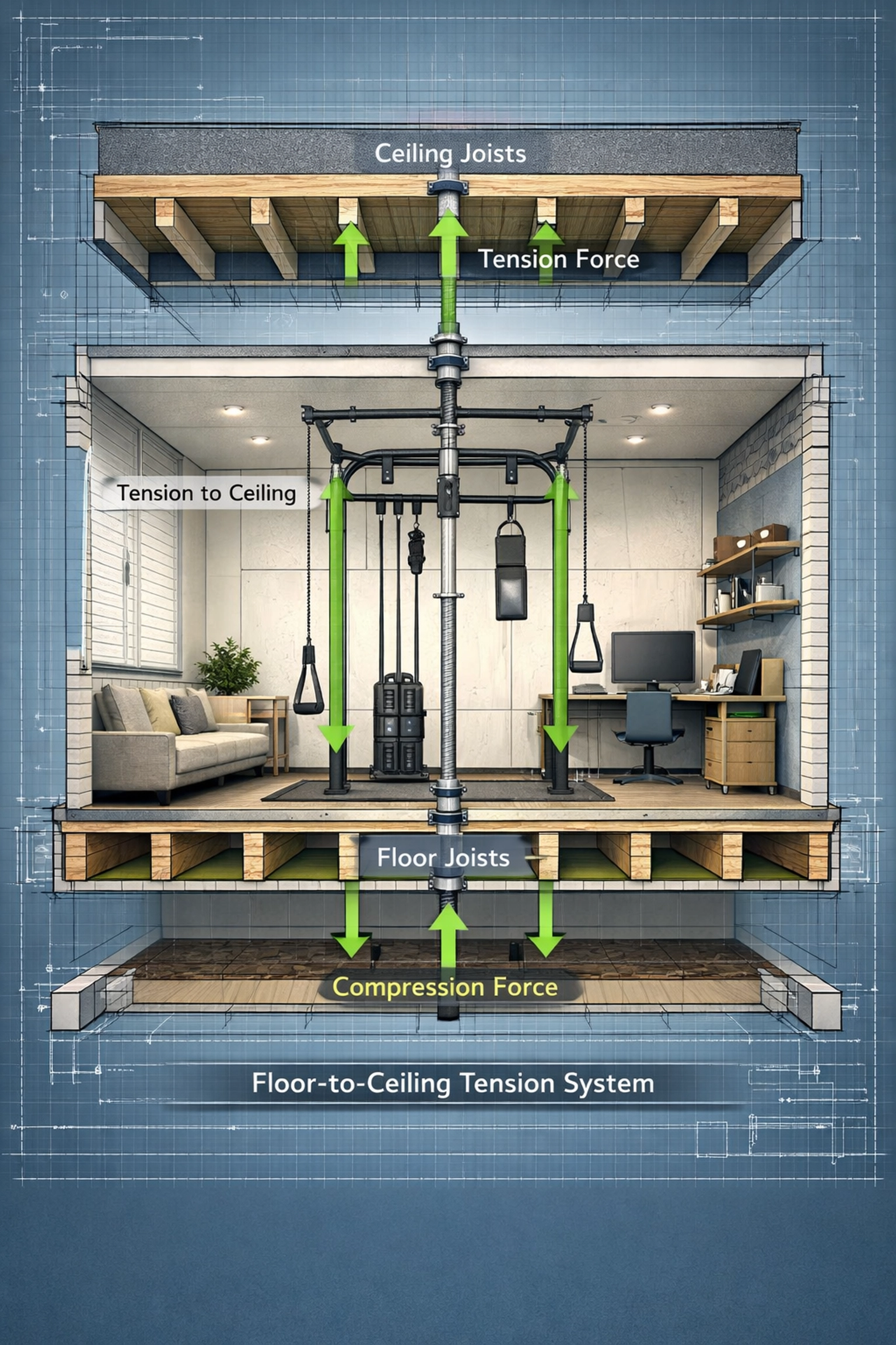 Force distribution diagram showing how floor-to-ceiling systems prevent wall damage in home gyms