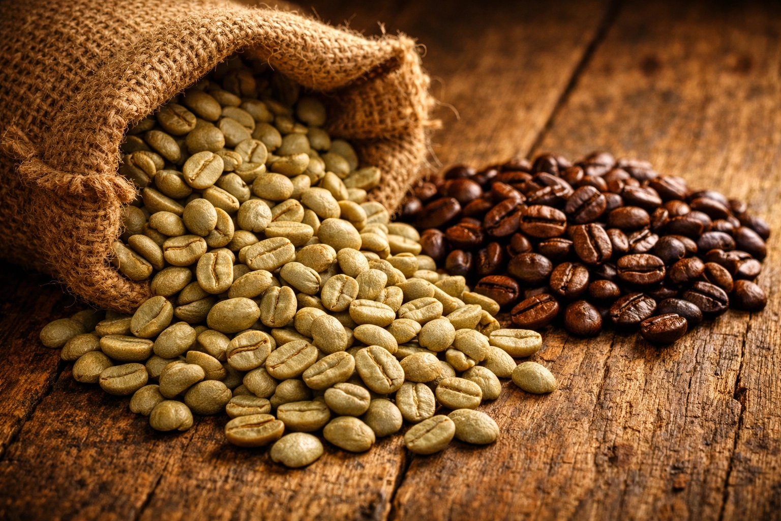 Green coffee beans and roasted coffee beans showing cost difference for on-demand roasting