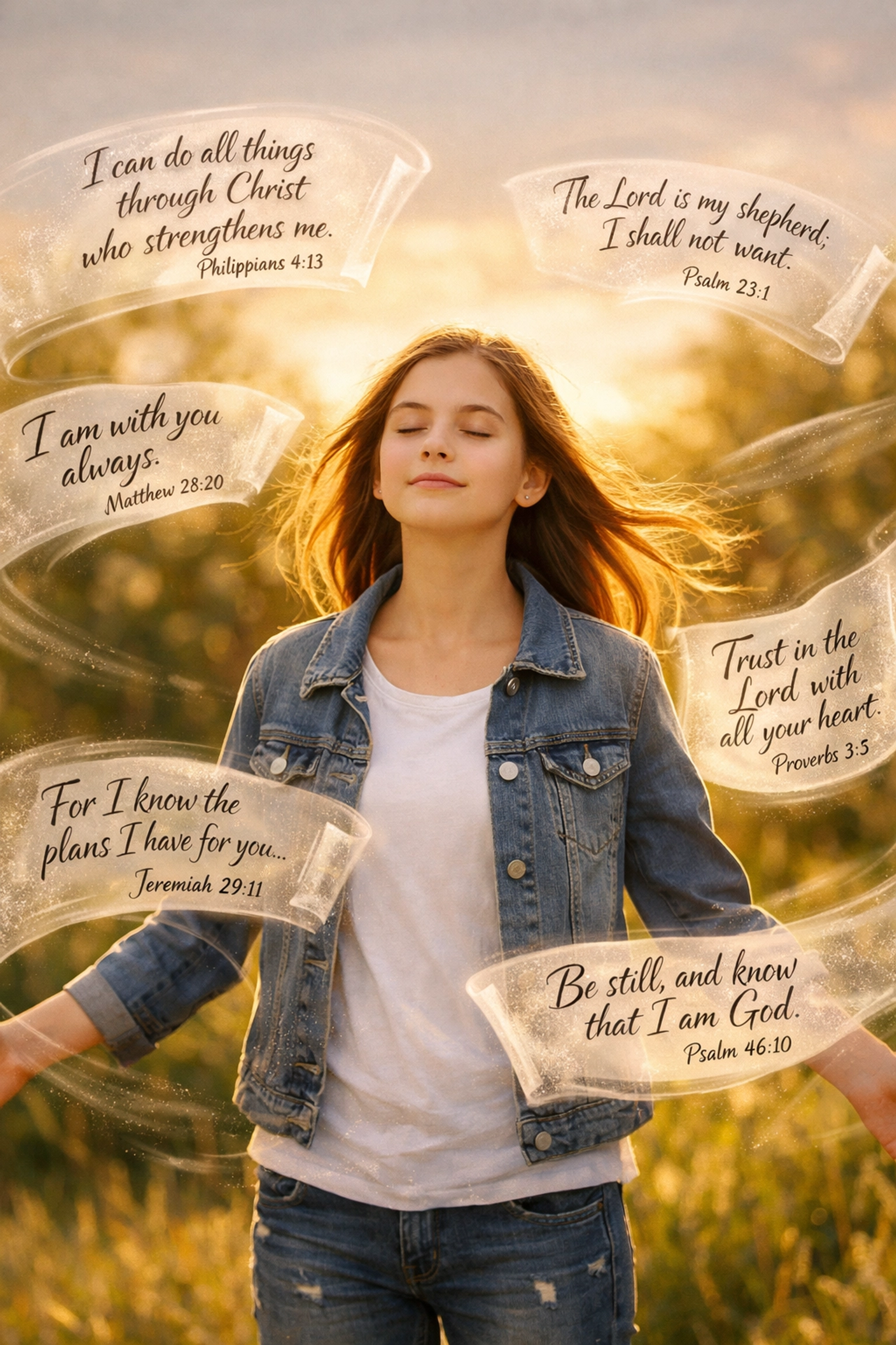 Teen girl surrounded by Bible verses representing faith-based identity and peace