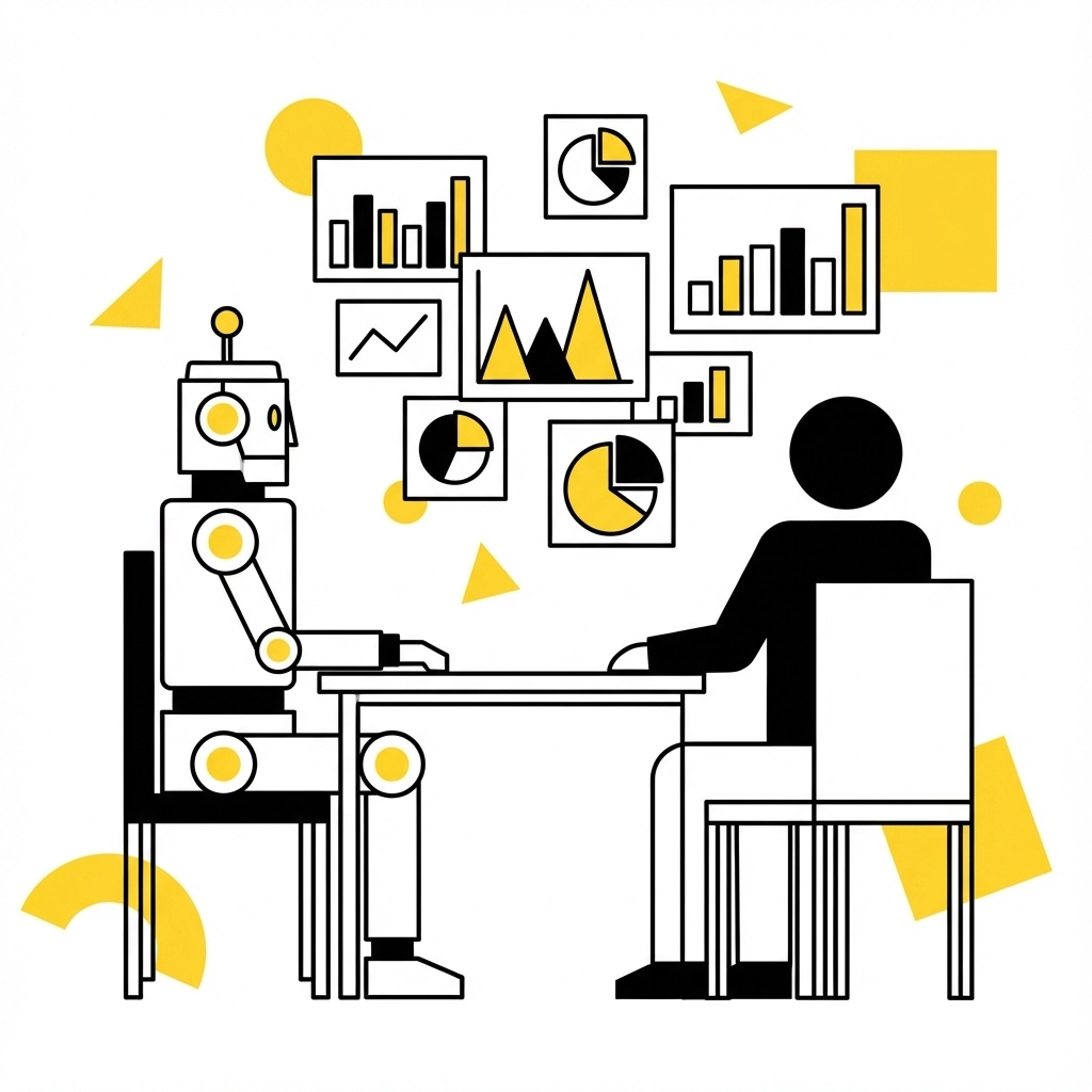 A robot and a person sit at a table, surrounded by colorful charts and graphs in yellow and black. Geometric shapes decorate the scene.