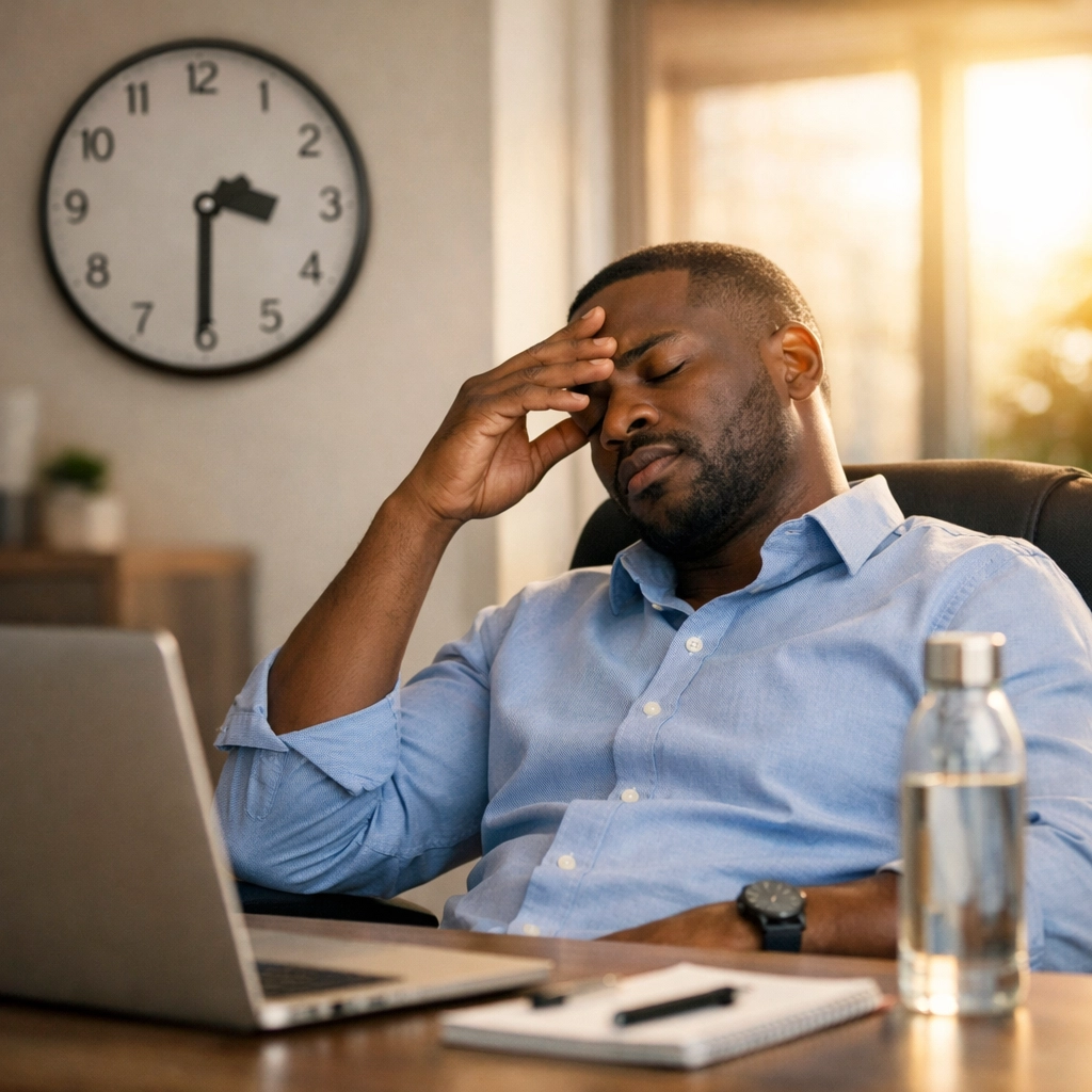 Man experiencing afternoon slump fatigue at office desk around 2pm