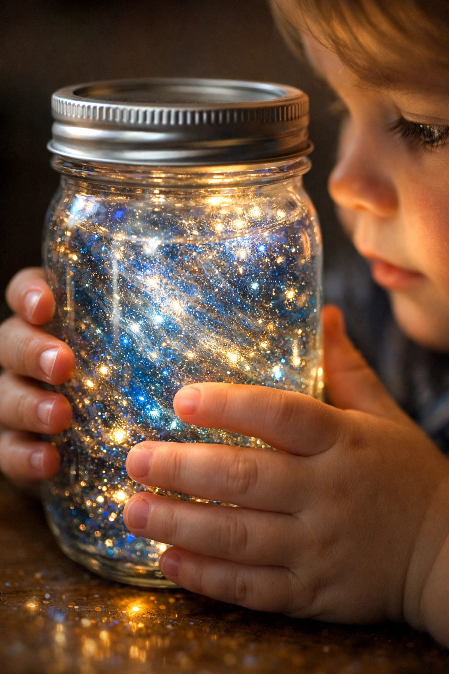 A child using a glittery calm-down jar to practice focus and emotional regulation.