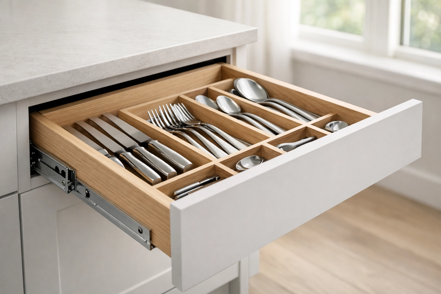 Close-up of a modern kitchen drawer with a premium pull-out organizer, showing a custom finish.