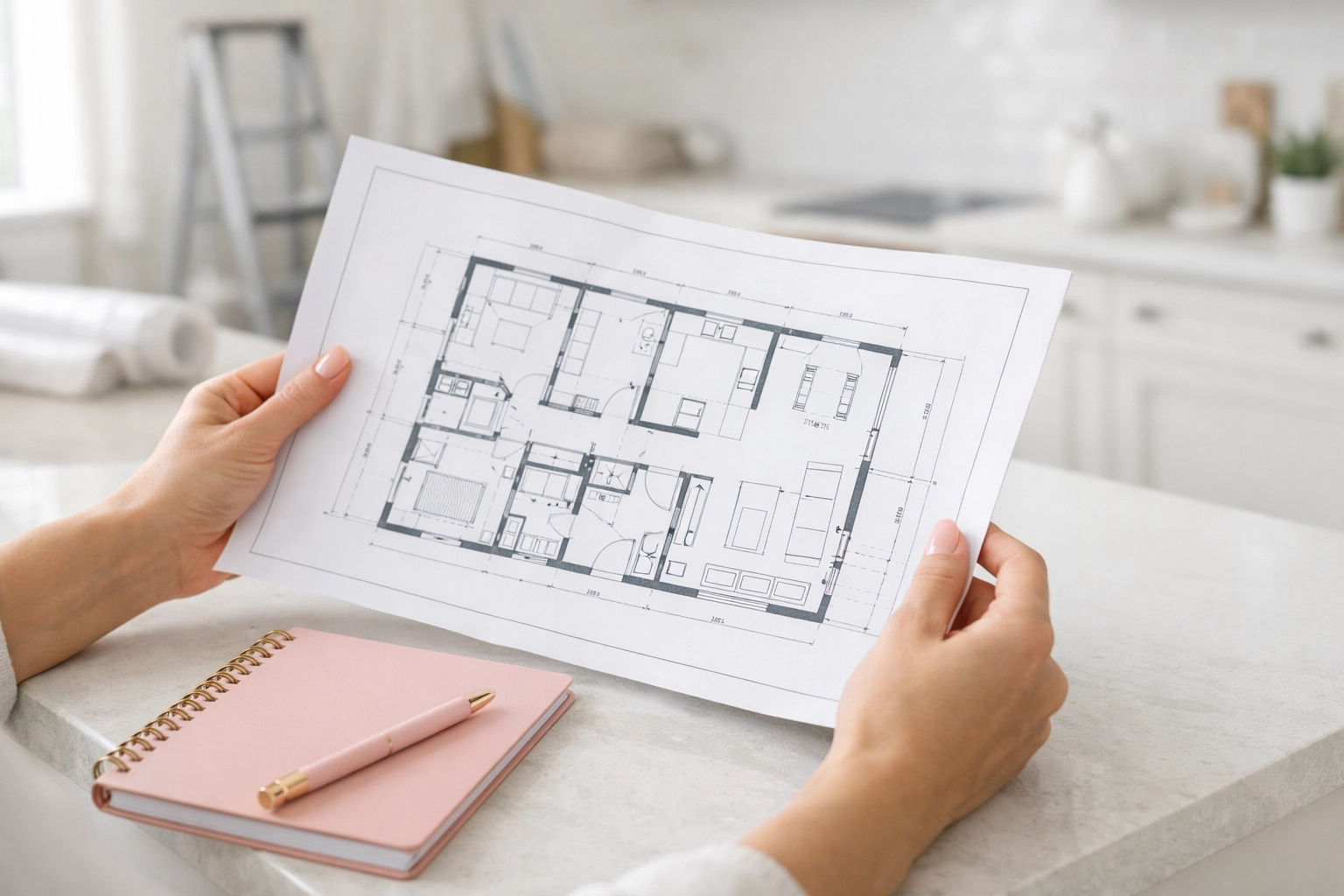 Woman holding a floor plan in a bright renovation context, clean and modern