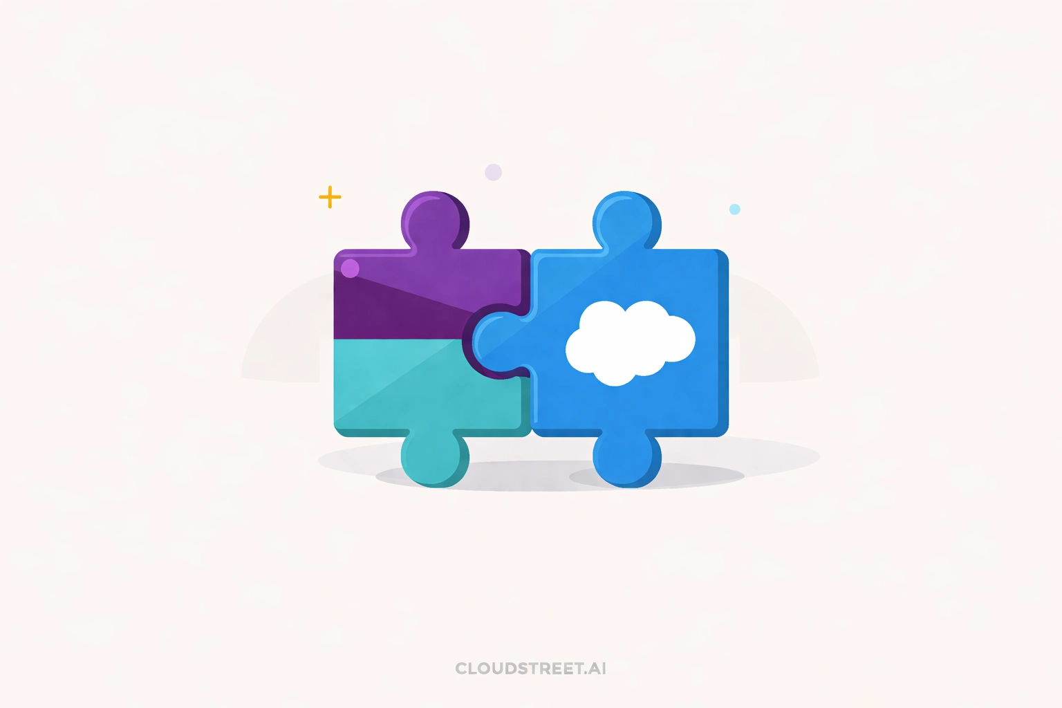 Puzzle pieces in Slack and Salesforce colors connecting, representing seamless CRM and Slack integration for better SMB sales.