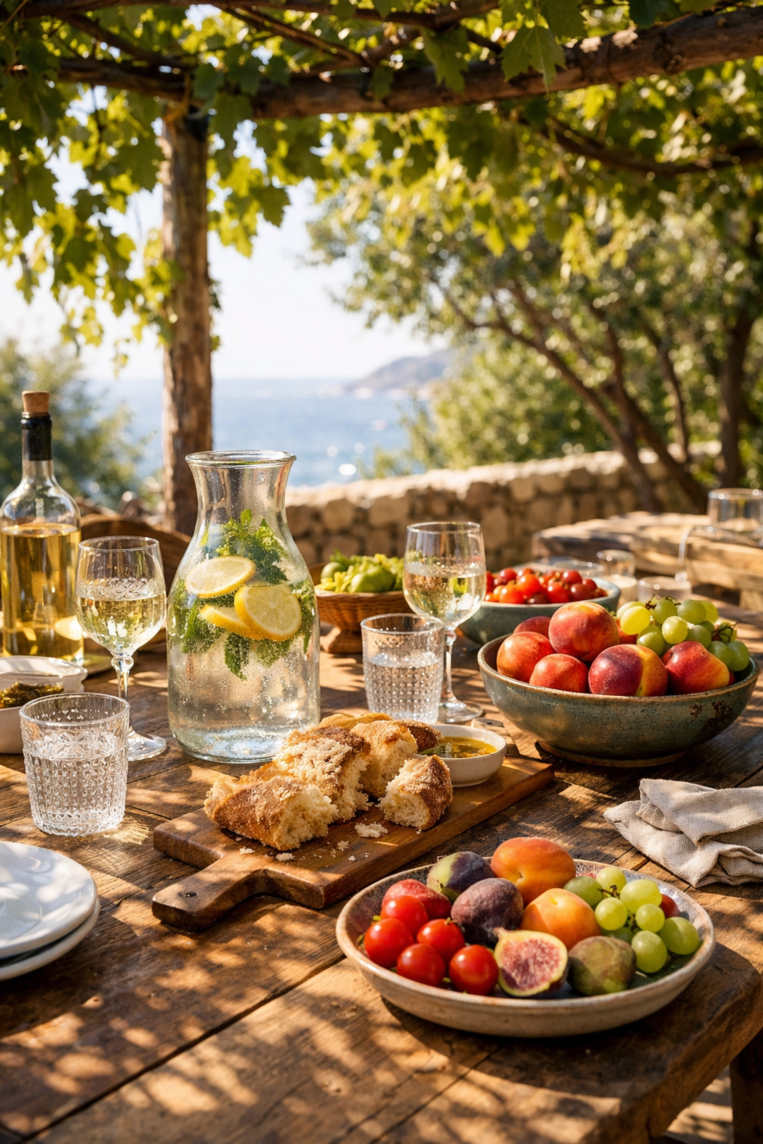 Alfresco dining under a pergola with a sea view, emphasizing the restorative benefits of slow travel.