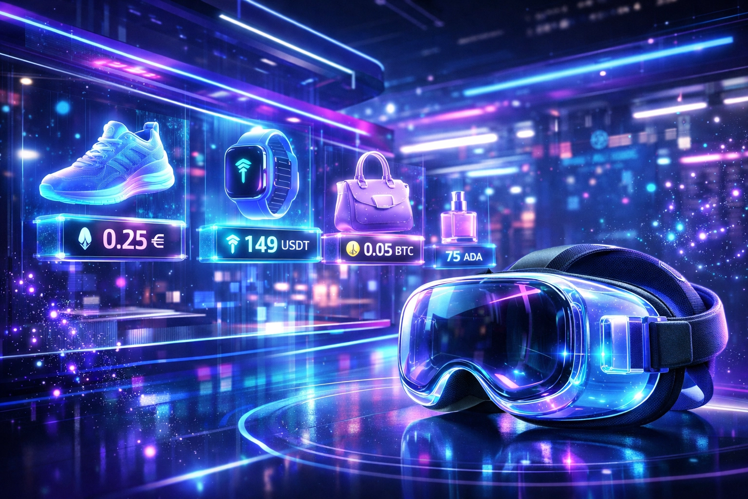 Futuristic VR shopping environment with holographic storefront and crypto payment symbols powered by Larecoin