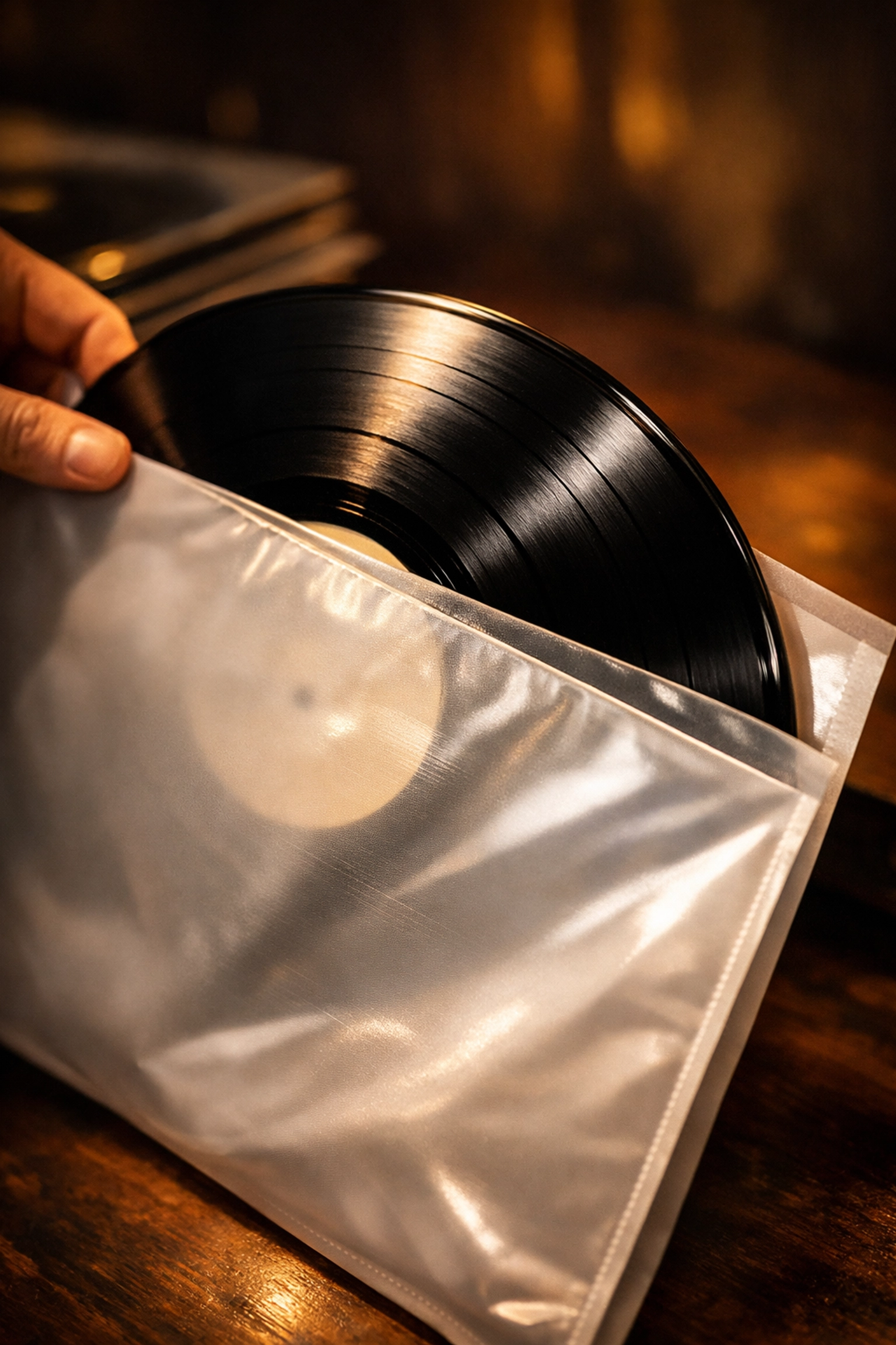 Vinyl record sliding into anti-static poly-lined inner sleeve for protection