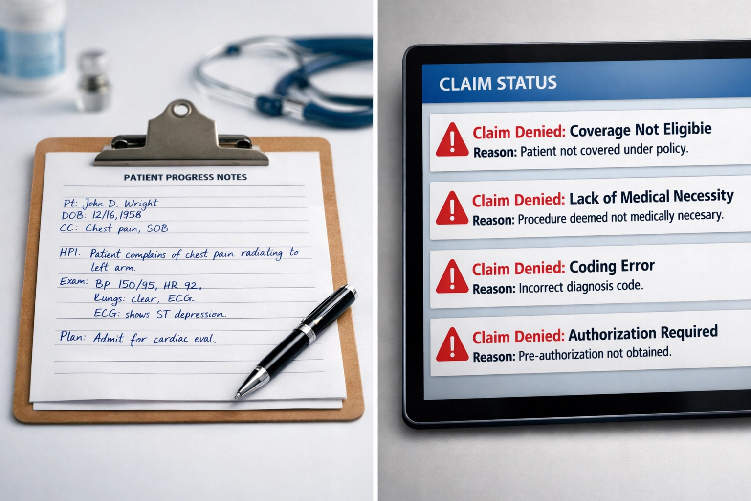 Your Clinic Sent Clean Claims: So Why Did January 2026 Denials Spike? The WISeR Pilot Explained Paper medical chart next to computer screen showing automated claim denial messages