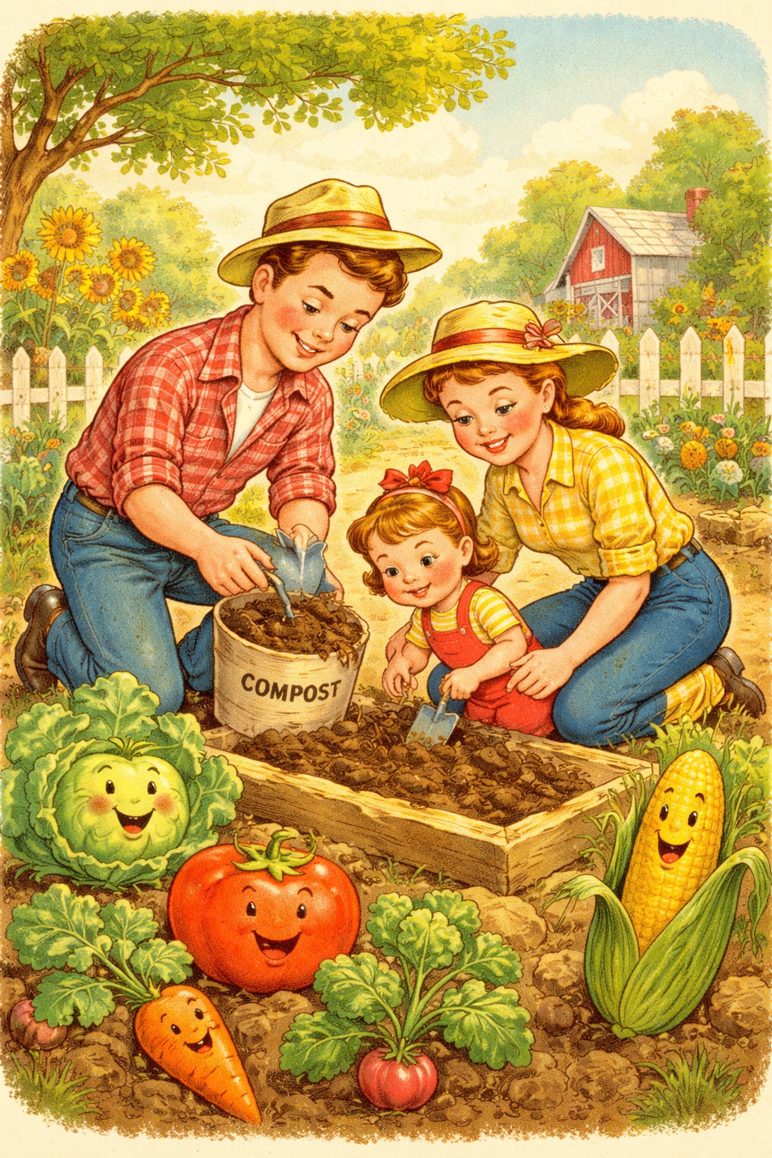 Storybook-style family adding compost to a garden bed, encouraging natural ways to improve soil health after testing.