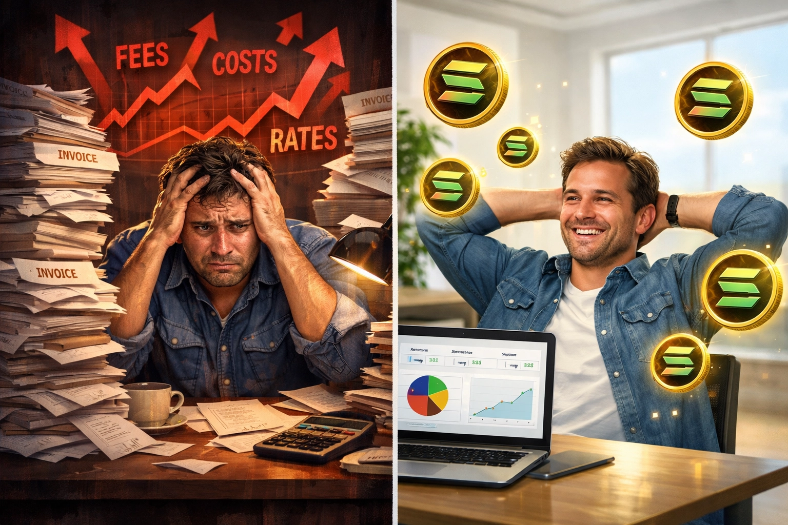 Small business owner comparing high payment processing fees versus low-cost crypto solutions