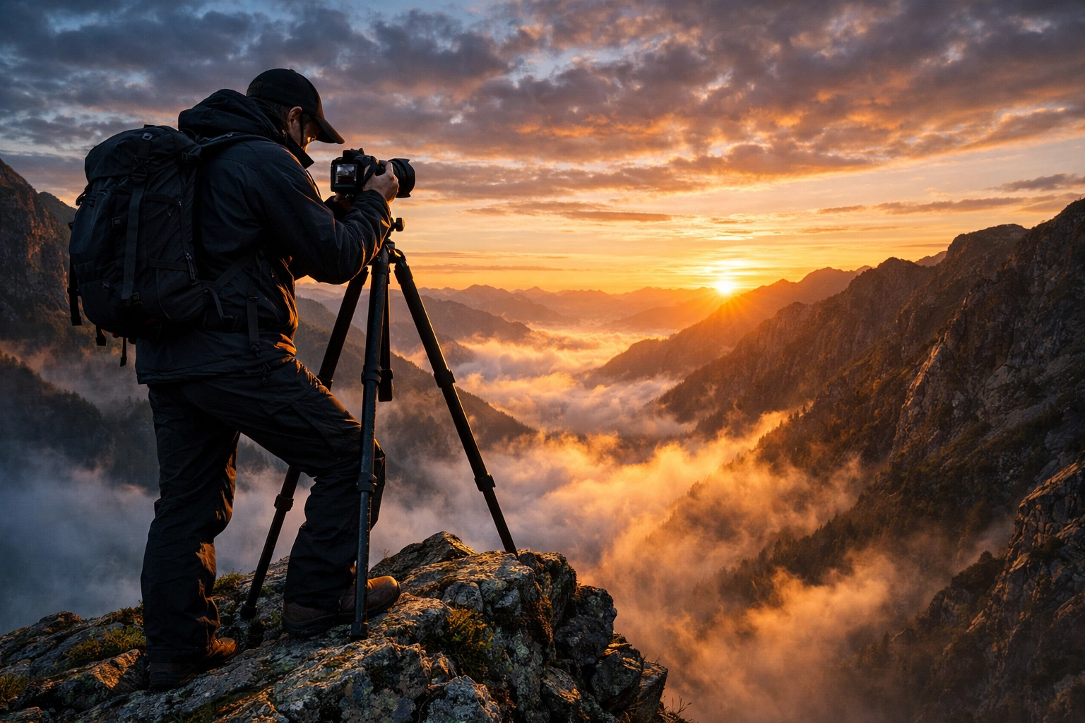 Travel photographer capturing ethereal landscapes from a misty mountain peak during a sunrise shoot.