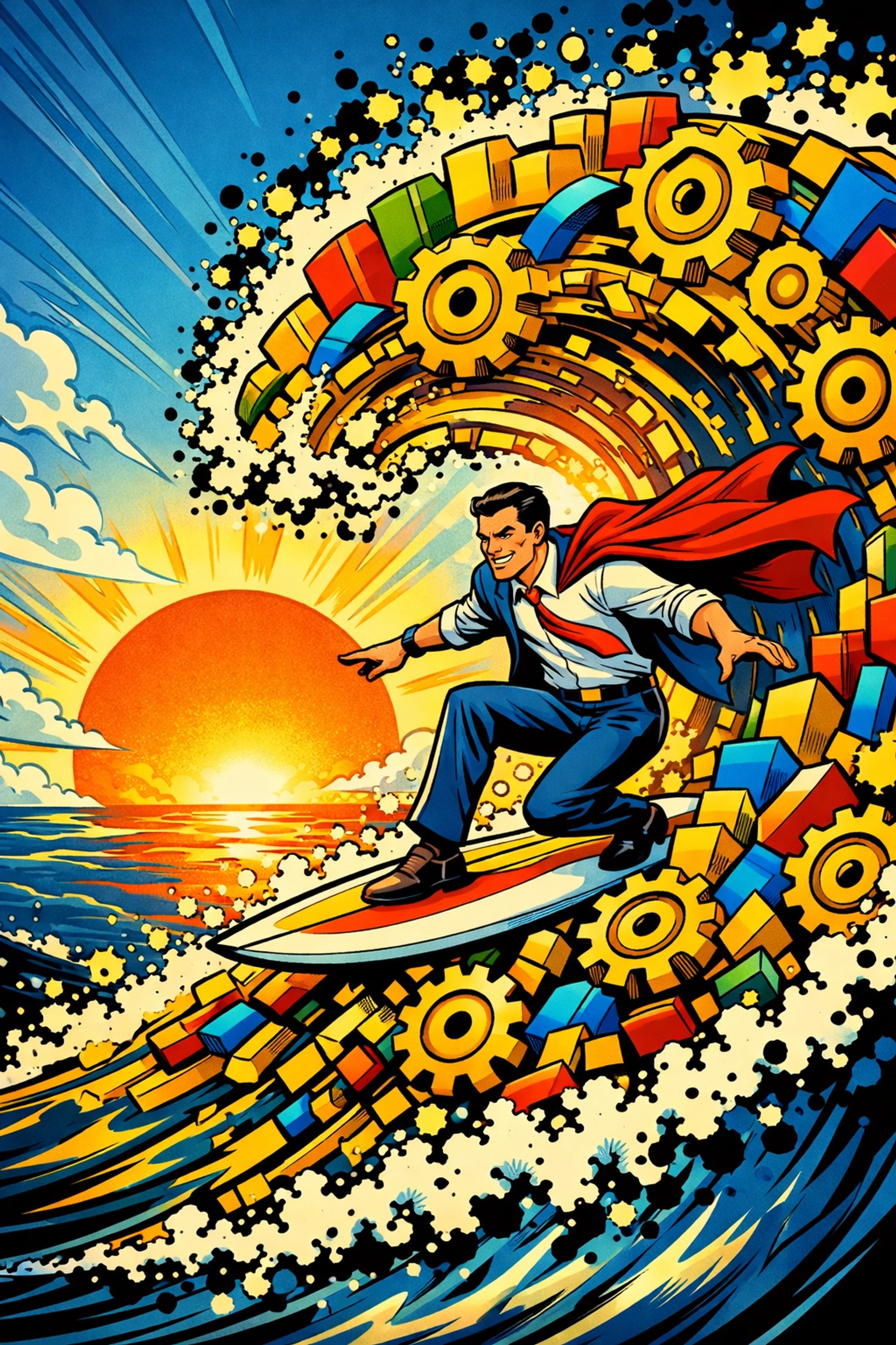 A business professional surfing a wave of gears, symbolizing scaling a small business and growth through AI automation.