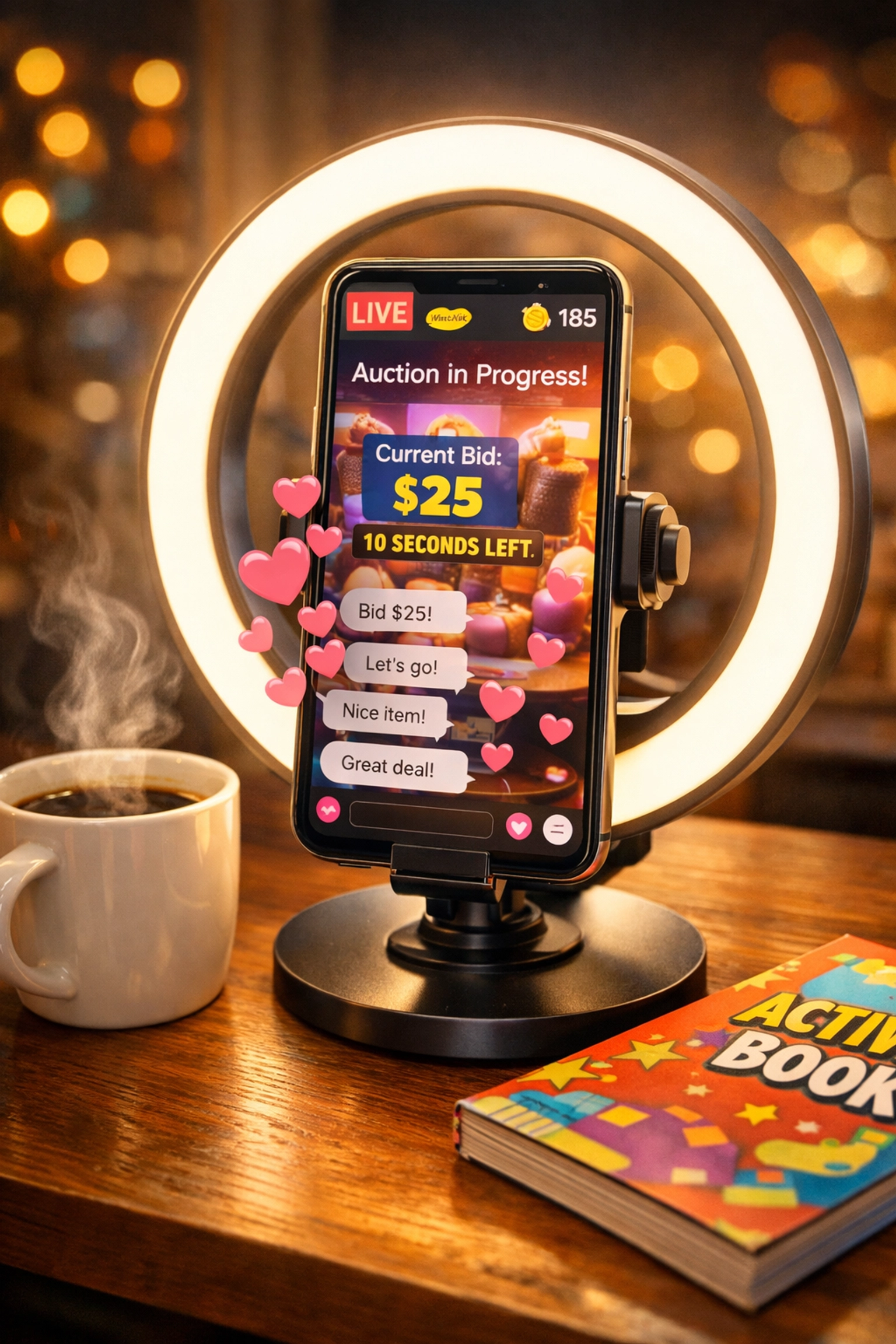 Smartphone on a ring light running a WhatNot live show, representing modern e-commerce reselling tools.