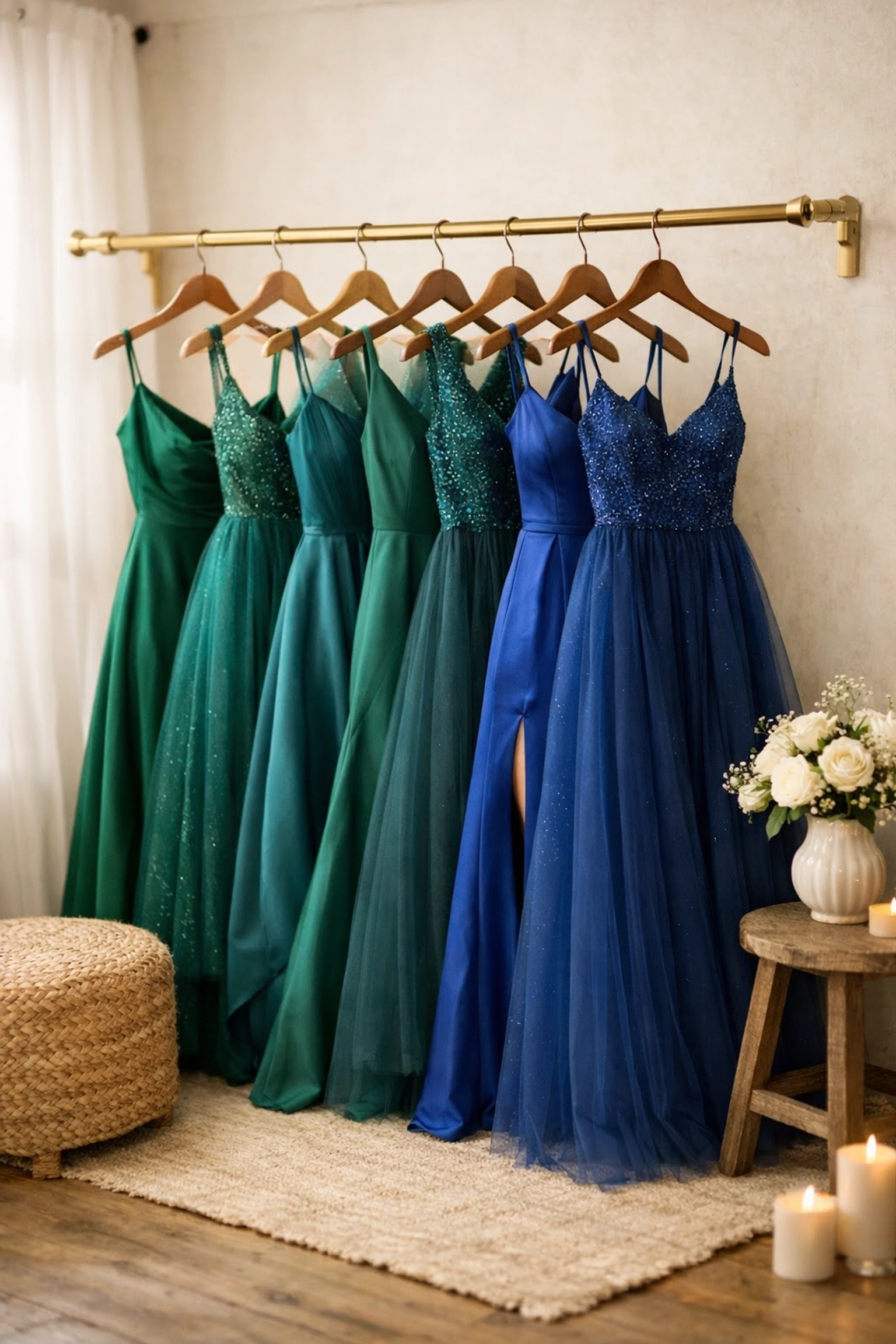 Designer prom dresses in shades of blue and green on a boutique rail for expert formal wear alterations.