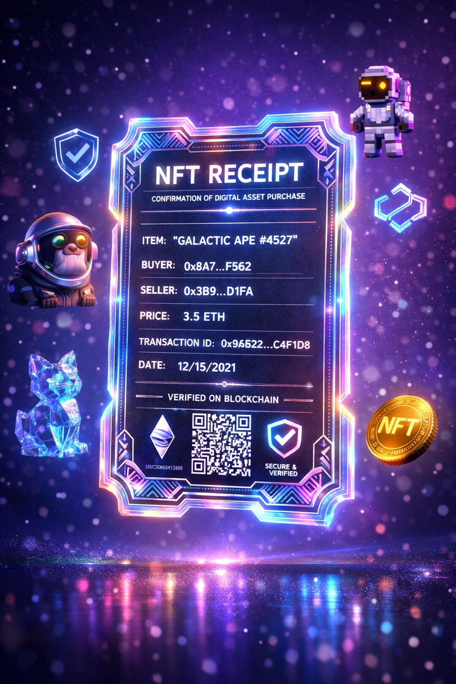Digital NFT receipt with blockchain verification for cryptocurrency payment transactions