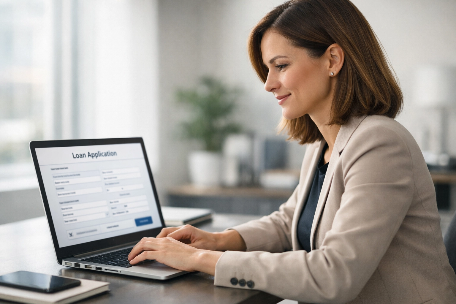 Business owner completing online loan application on laptop